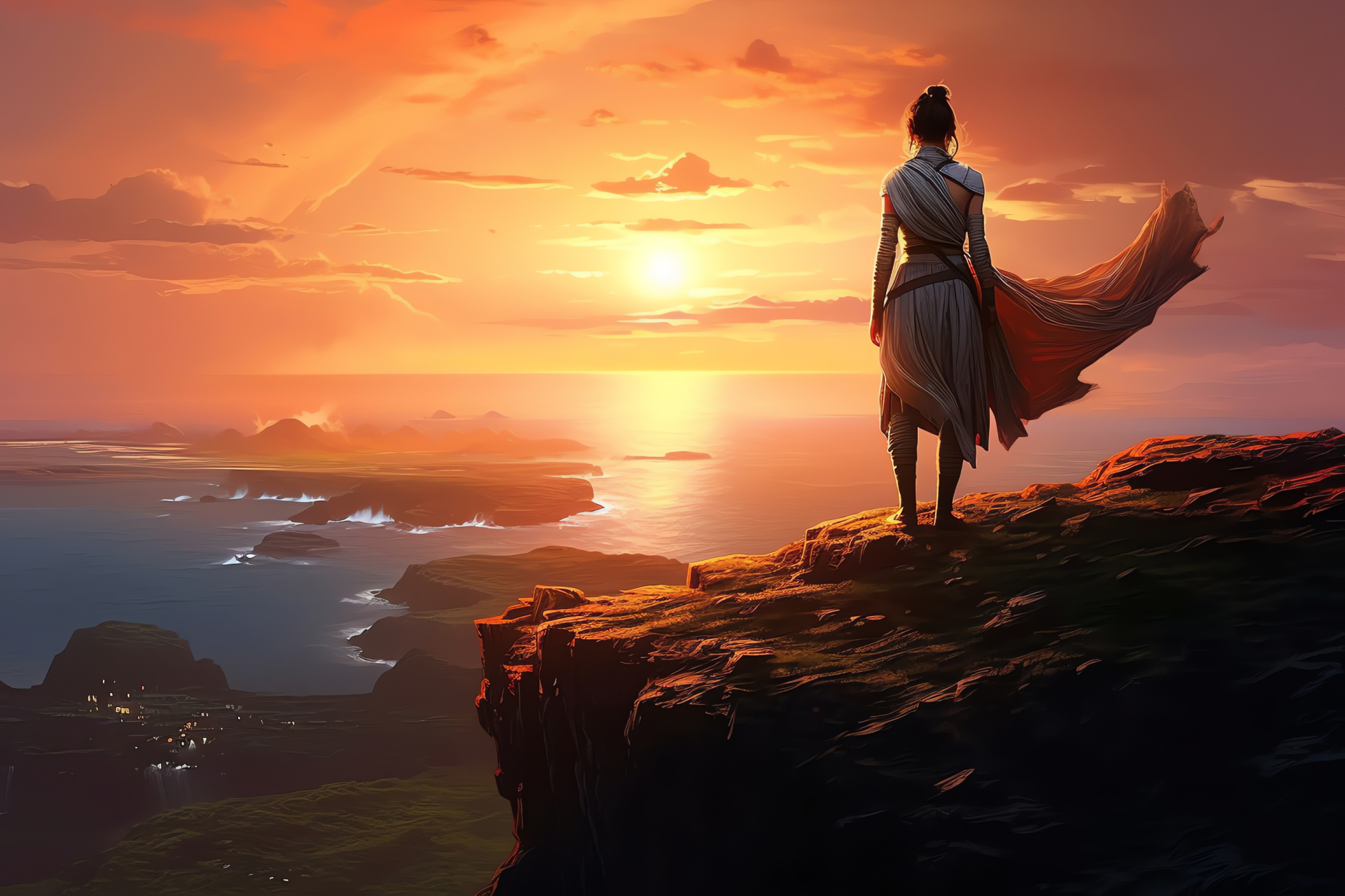 Rey silhouette, Scenic sunset, Edge of precipice, Star Wars narrative, Distant worlds, HD Desktop Wallpaper