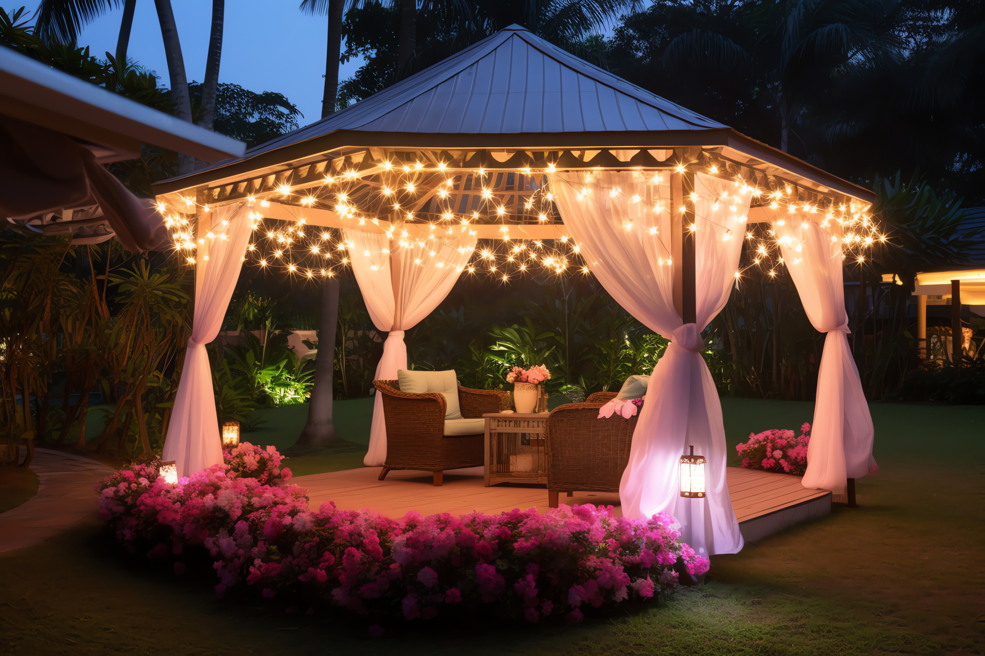 Anniversary gazebo setting, Elegant white fabrics, Twinkling light ambiance, Petal adorned path, Intimate celebration, HD Desktop Image