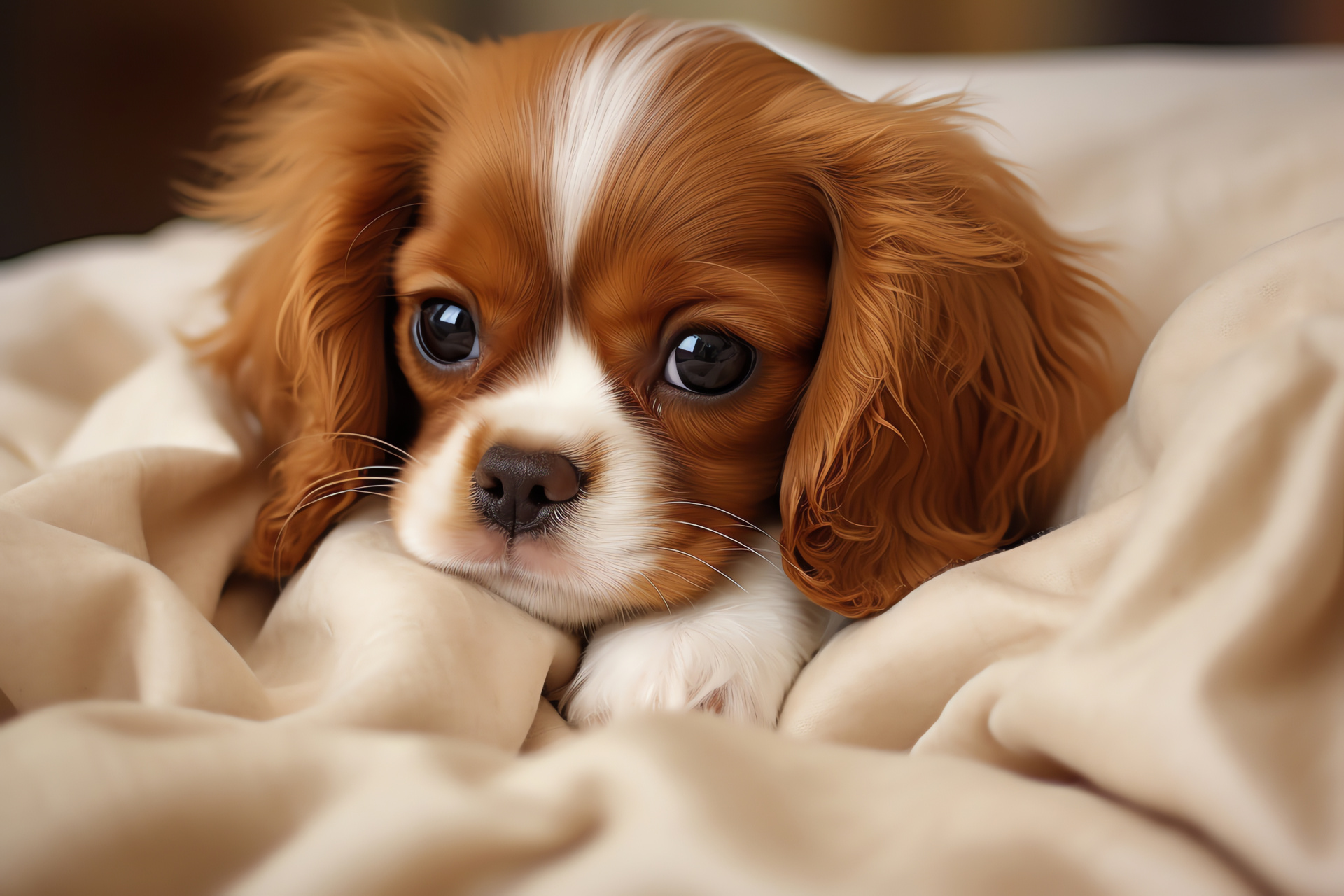 Cavalier King Charles Spaniel pup, Glossy chestnut coat, Toy dog breed, Soft fur, Warm brown optics, HD Desktop Wallpaper