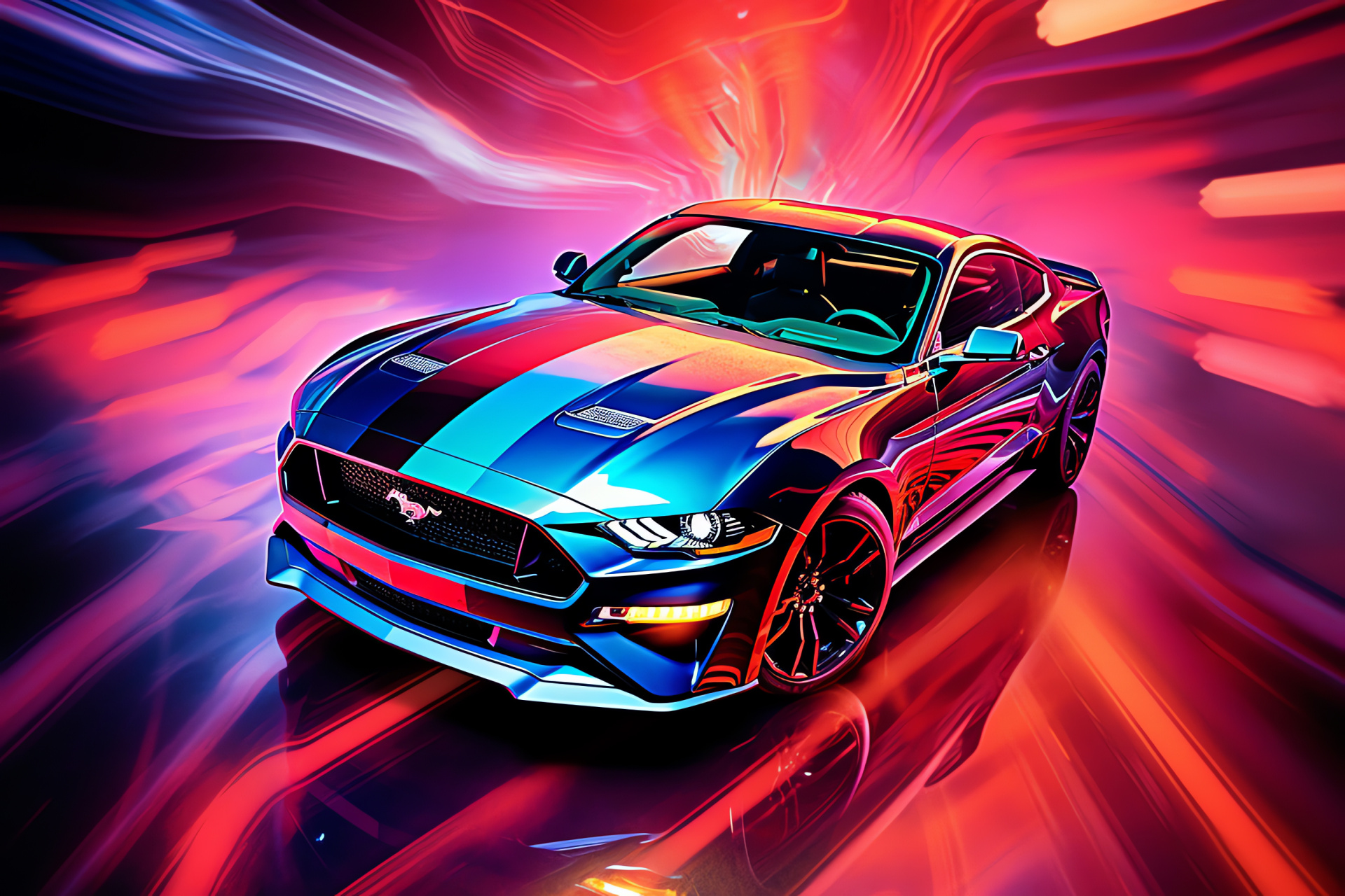 Mustang high ground view, Dynamic color play, Striking car posture, Lively backdrop Mustang, Automotive character, HD Desktop Wallpaper