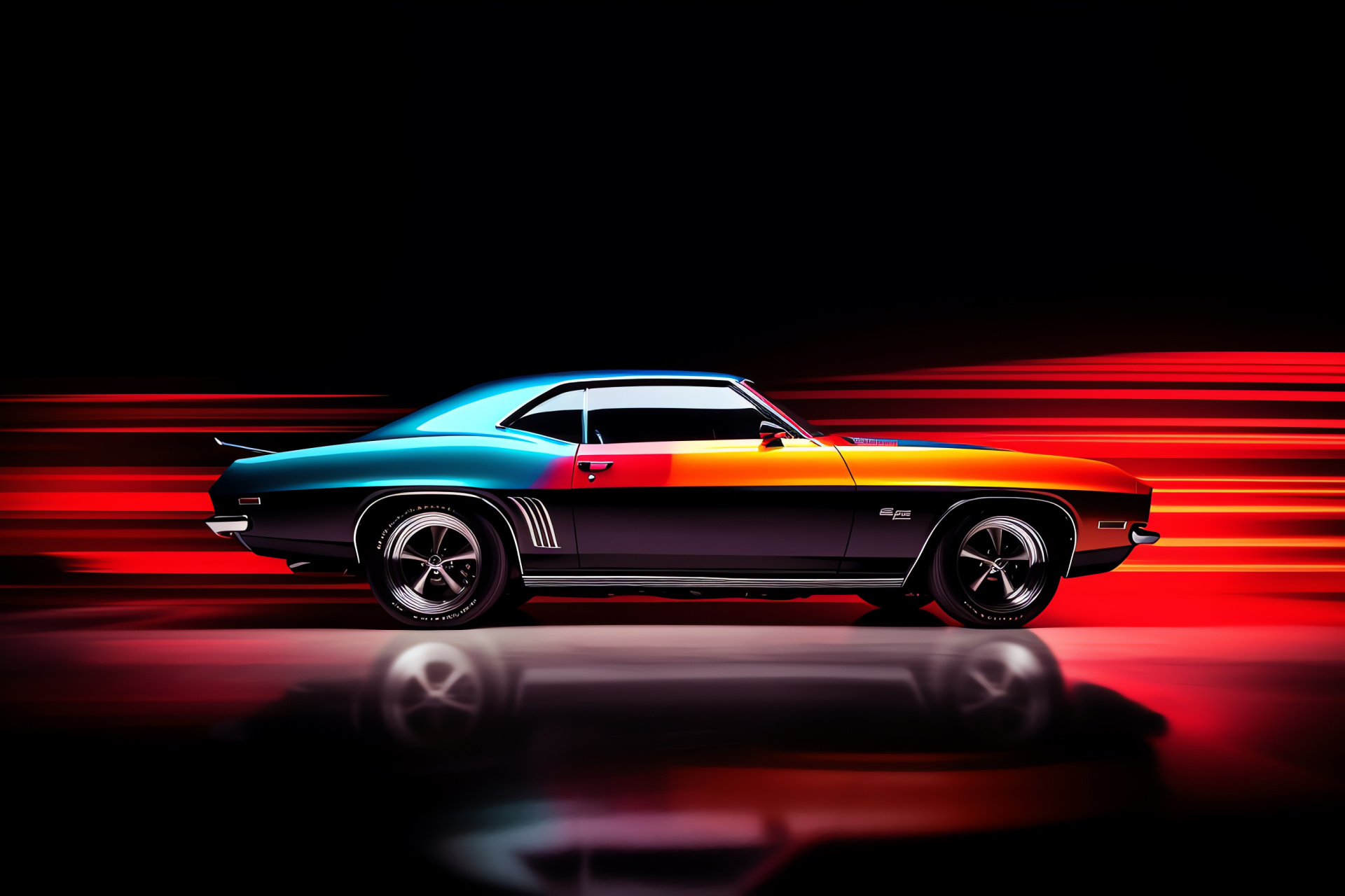 Muscle Cars HD, Sleek contour, Fiery red palette, Onyx highlights, Lateral perspective, HD Desktop Wallpaper