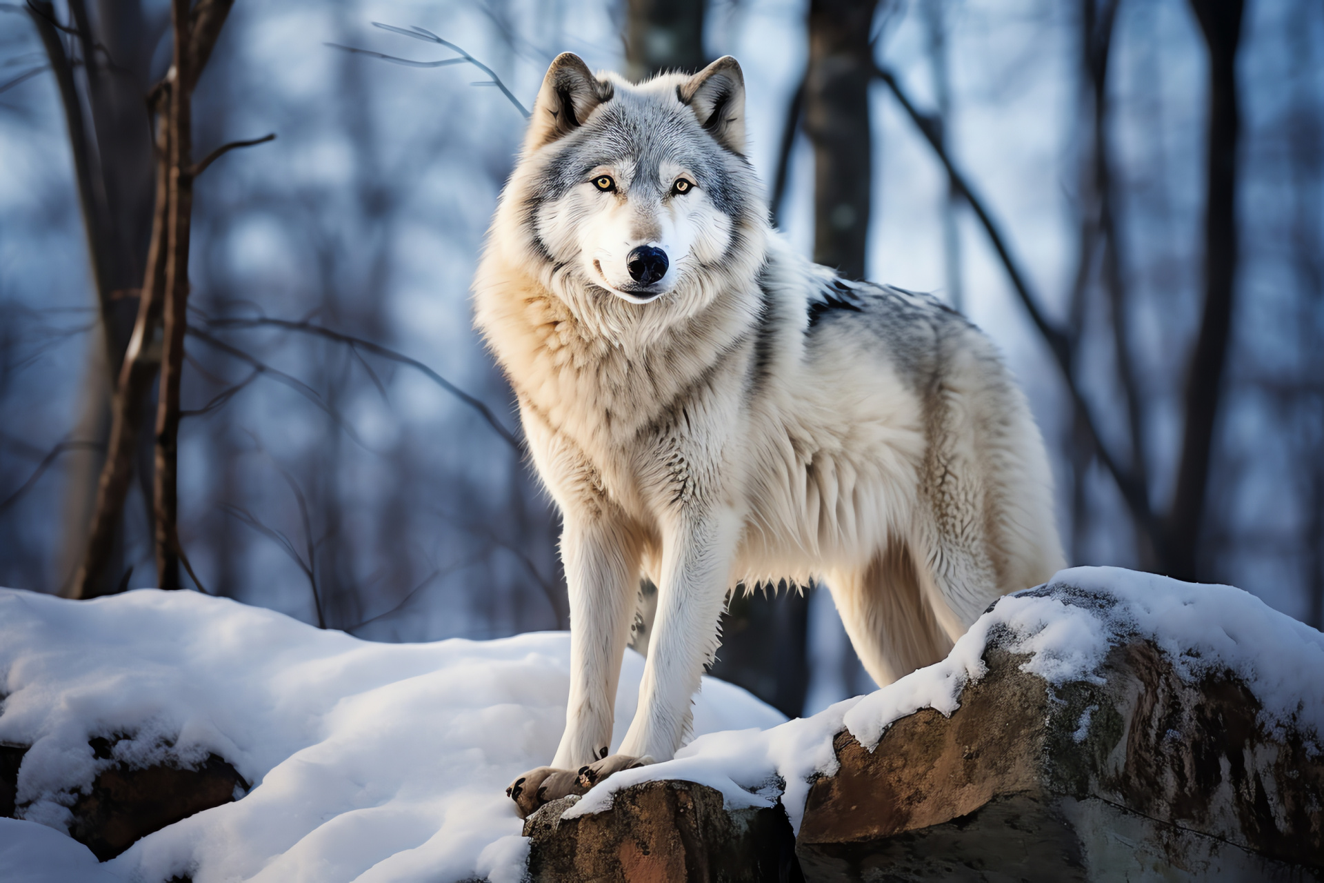 Furry mammal, Blue-eyed wolf, Winter wildlife, Snowy coat, Natural environment, HD Desktop Image