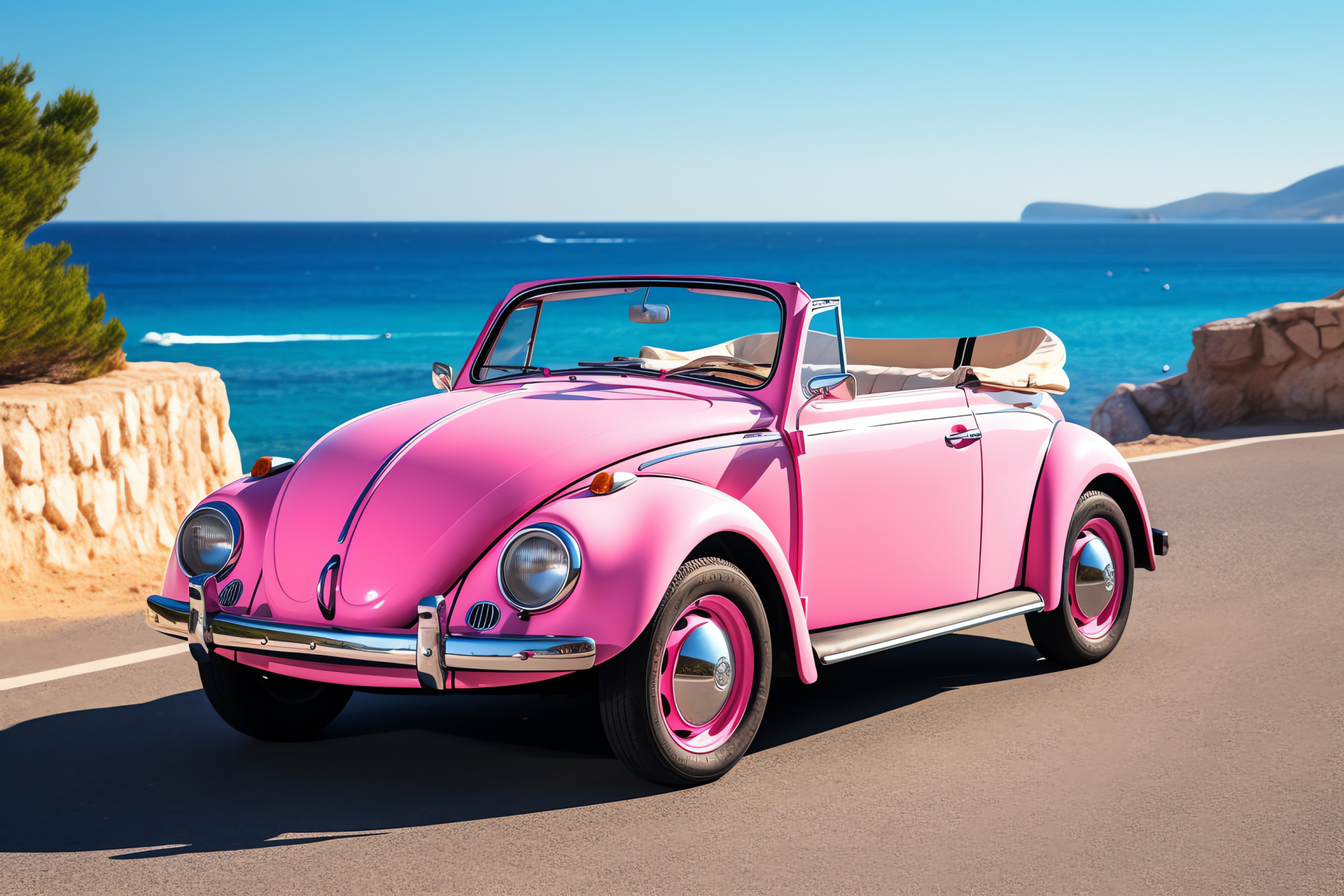 VW Beetle in blush, Ibizan beach route, Convertible leisure drive, Mediterranean island vibe, Azure coastlines, HD Desktop Wallpaper