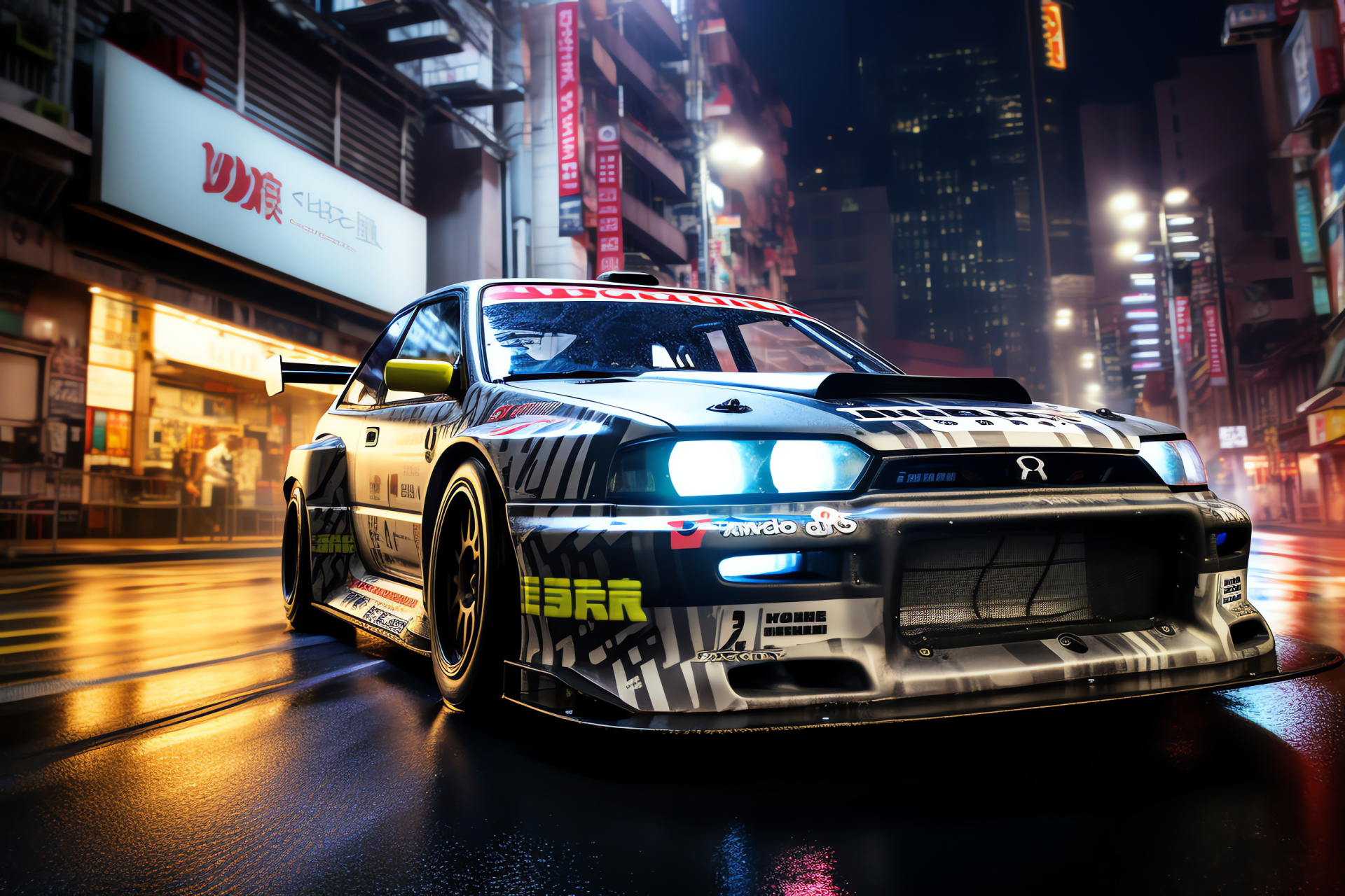 Racing in Tokyo, Rally car of Japan, Silver and black race decals, Rally cornering agility, Tokyo skyline, HD Desktop Image