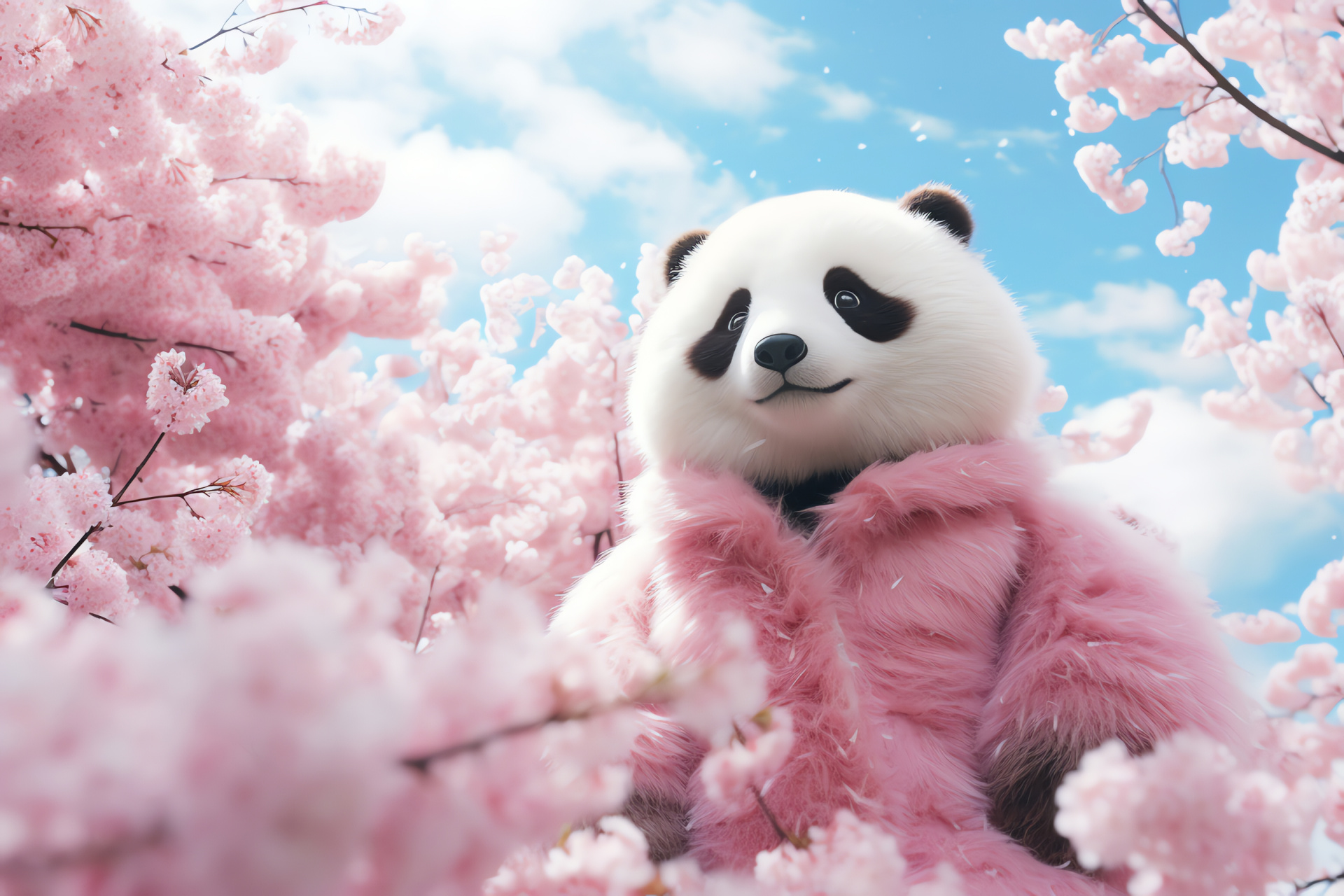 Pink Panda fantasy, cherry blossoms habitat, dreamy ambiance, wildlife wonder, serene wildlife, HD Desktop Image