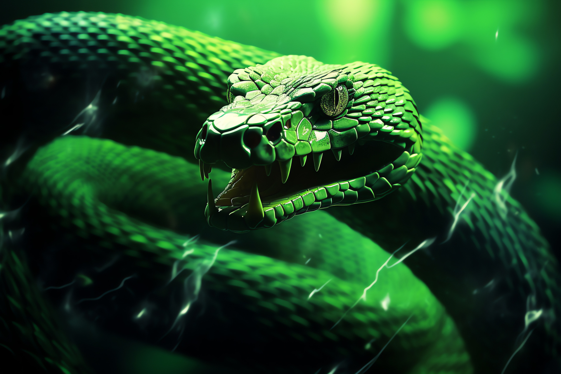 Rattlesnake precision, sinuous movement, emerald hue, glowing ambiance, reptilian grace, HD Desktop Wallpaper