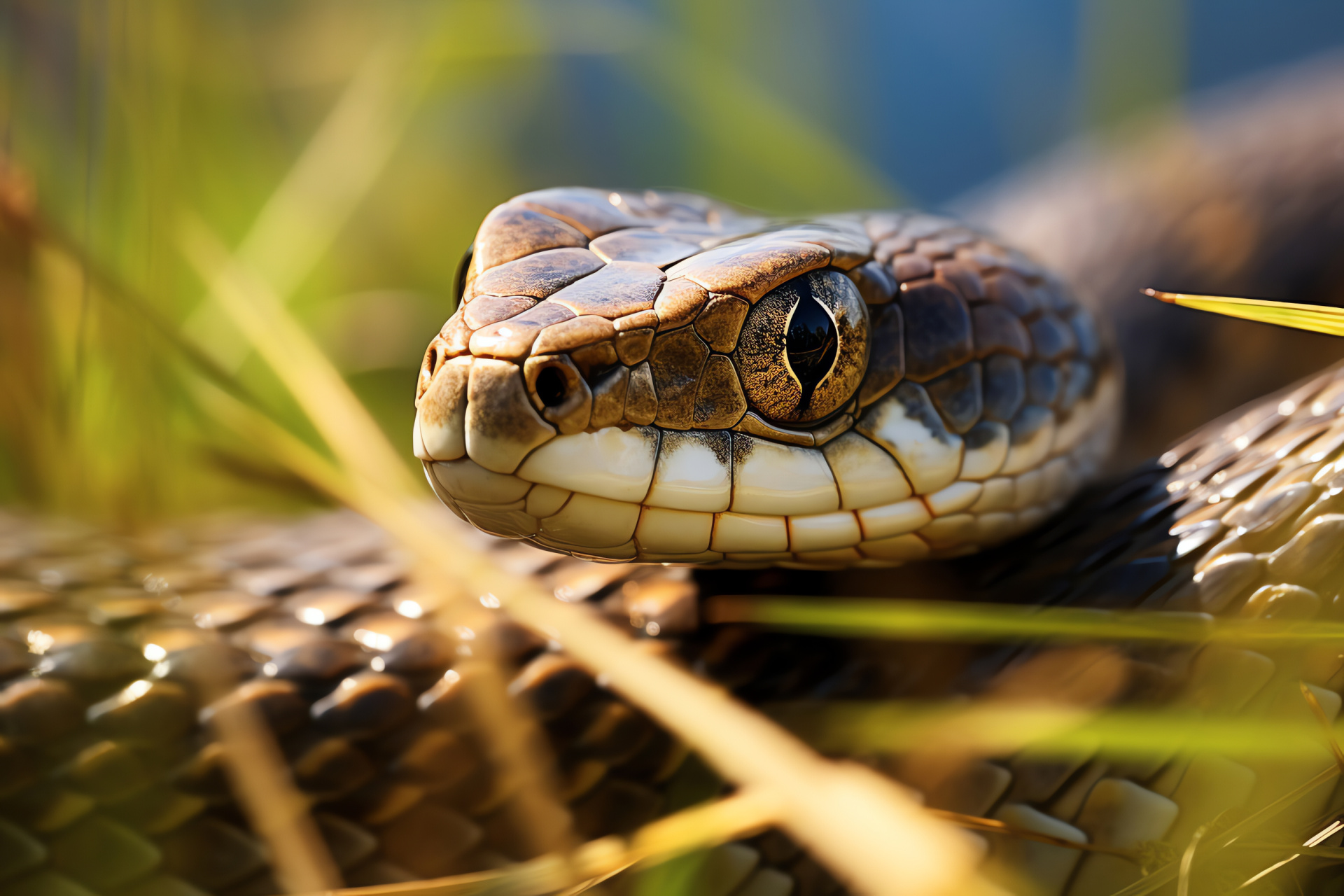 Grass snake camouflage, Reptilian gaze, Natural habitat, Serpentine beauty, Grassland ecosystem, HD Desktop Wallpaper