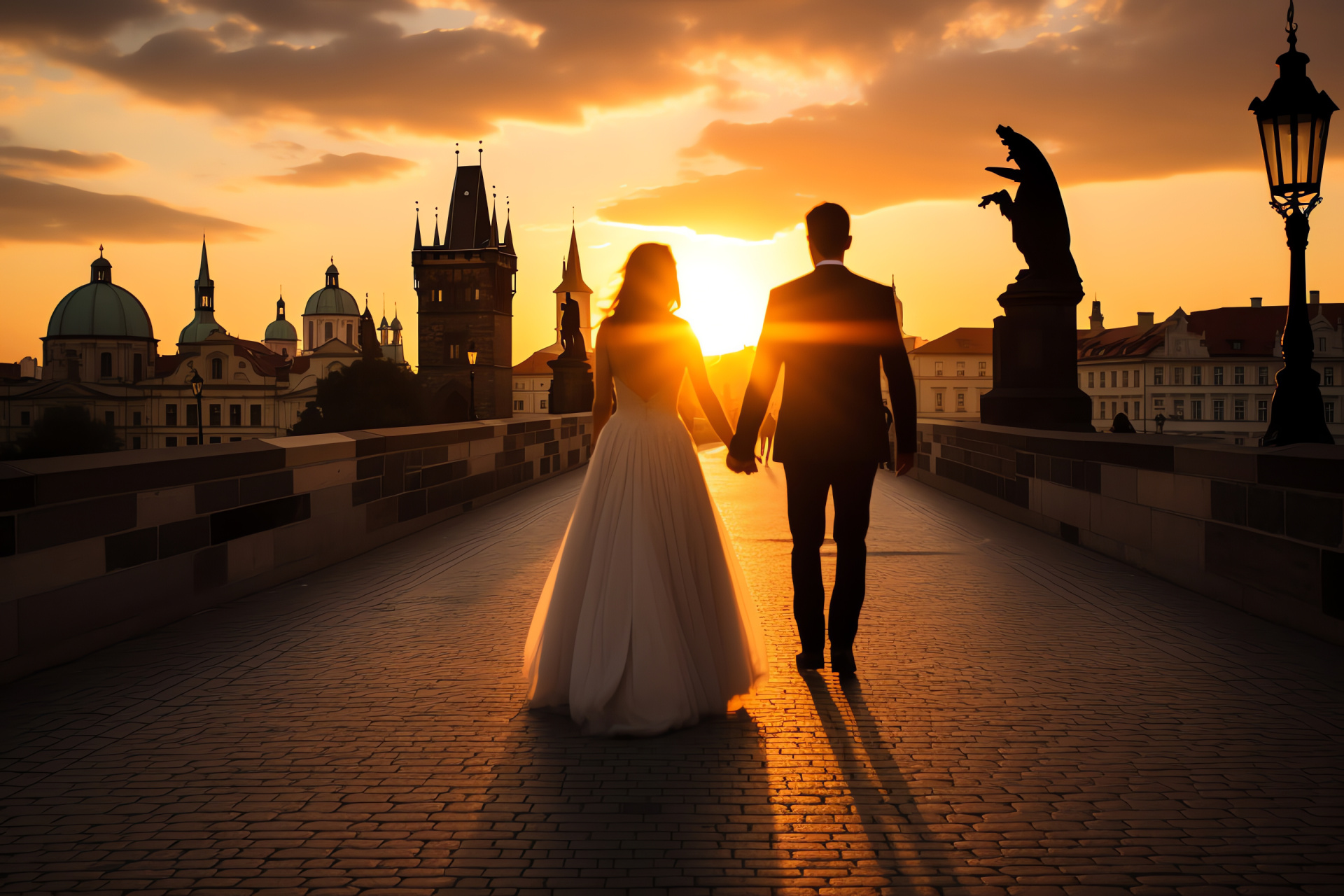 Prague anniversary setting, loving couple, historic Charles Bridge, gothic Czech landmarks, stone sculptures, HD Desktop Wallpaper