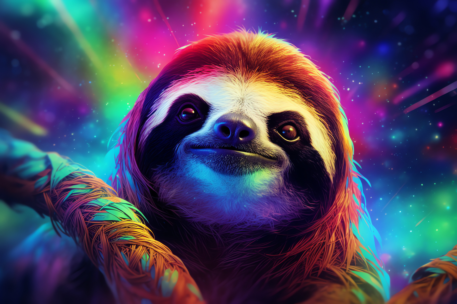 Fantasy Sloth, Sparkling blue gaze, Rainbow fur, Outer space, Vibrant expanse, HD Desktop Image