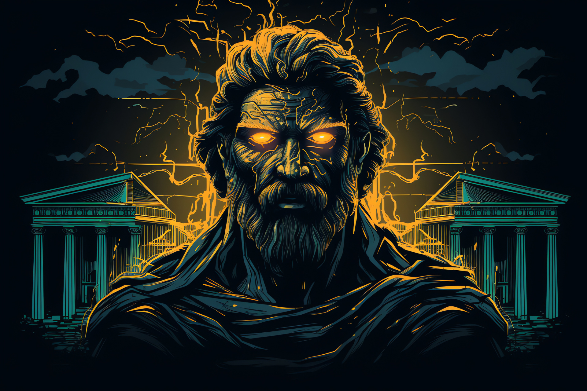 Zeus in Pantheon universe, Regal divine representation, Electrifying emblem, Stern character look, Absorbing dark background, HD Desktop Image