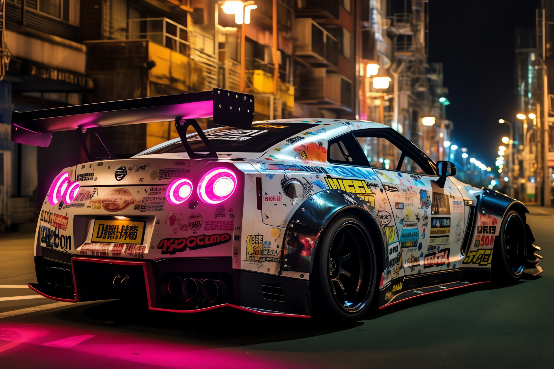 Nissan GTR Liberty Walk features, Tokyo's electric district Akihabara, Vehicle artistry, Body kit execution, Advertising panorama, HD Desktop Image