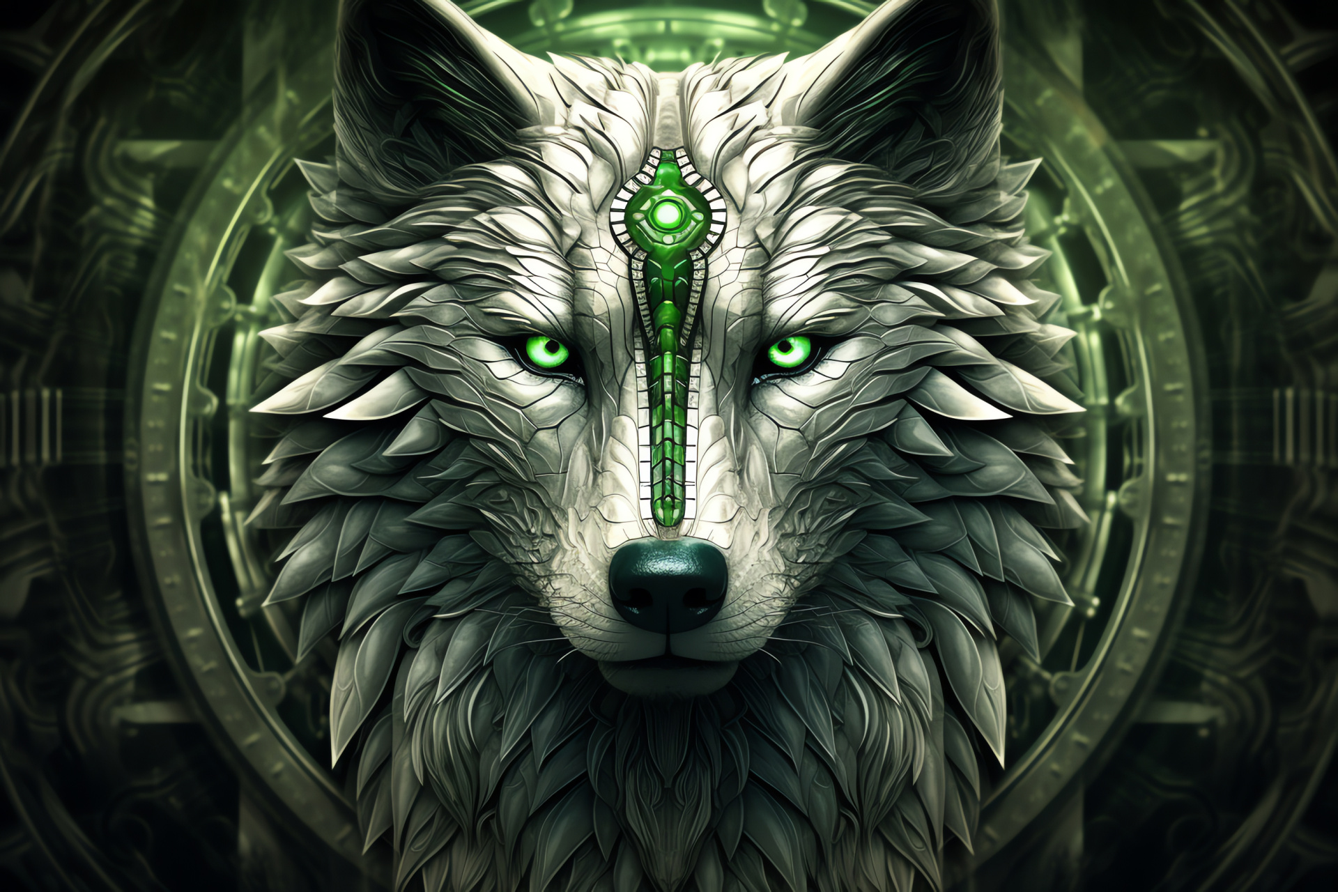 Tribal wolf illustration, Silver and white fur, Fierce wildlife, Artistic geometric backdrop, HD Desktop Wallpaper