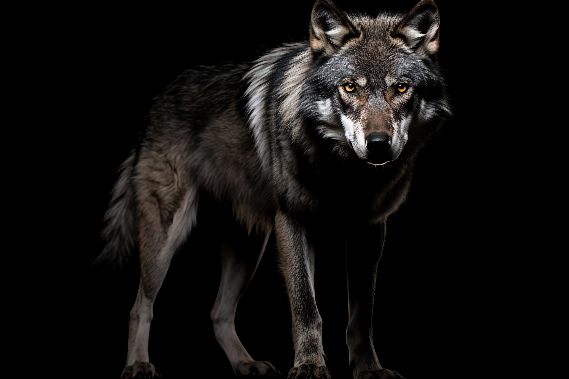 Canid, Timber Wolf stance, captivating blue gaze, varied fur texture, stark monochrome setting, HD Desktop Image