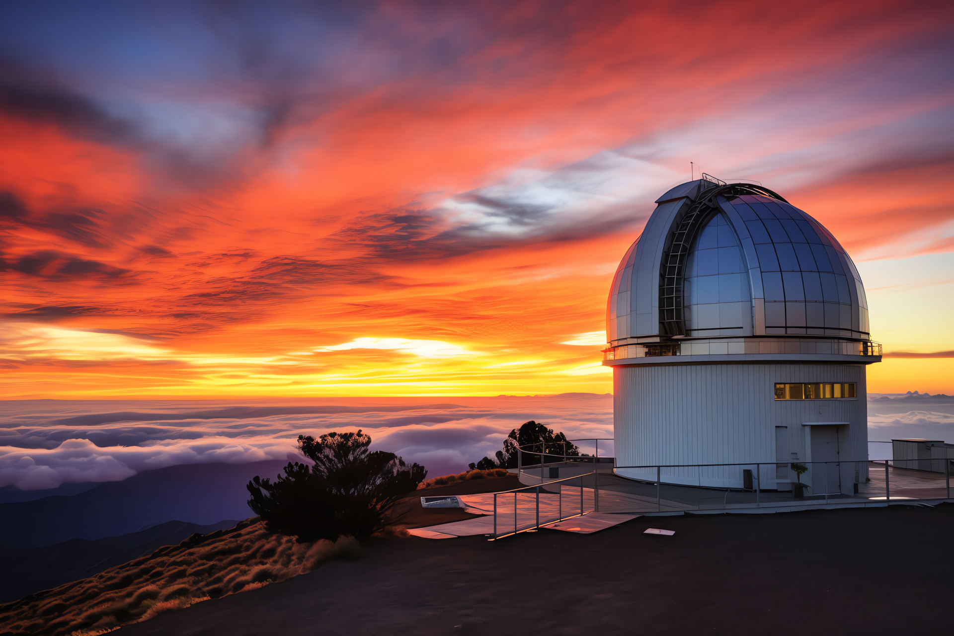 Tmt Observatory facility, Dawn astronomical research, Horizon promise, Scientific discovery emblem, Instrument silhouette, HD Desktop Wallpaper