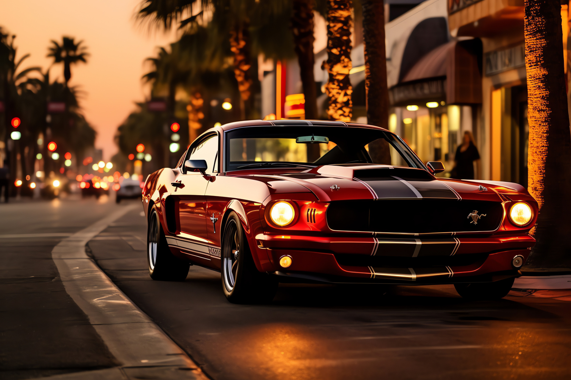 Los Angeles Mustang GT350, Sunset Boulevard drive, Hollywood iconic streets, Car engine roar, Cityscape exploration, HD Desktop Image