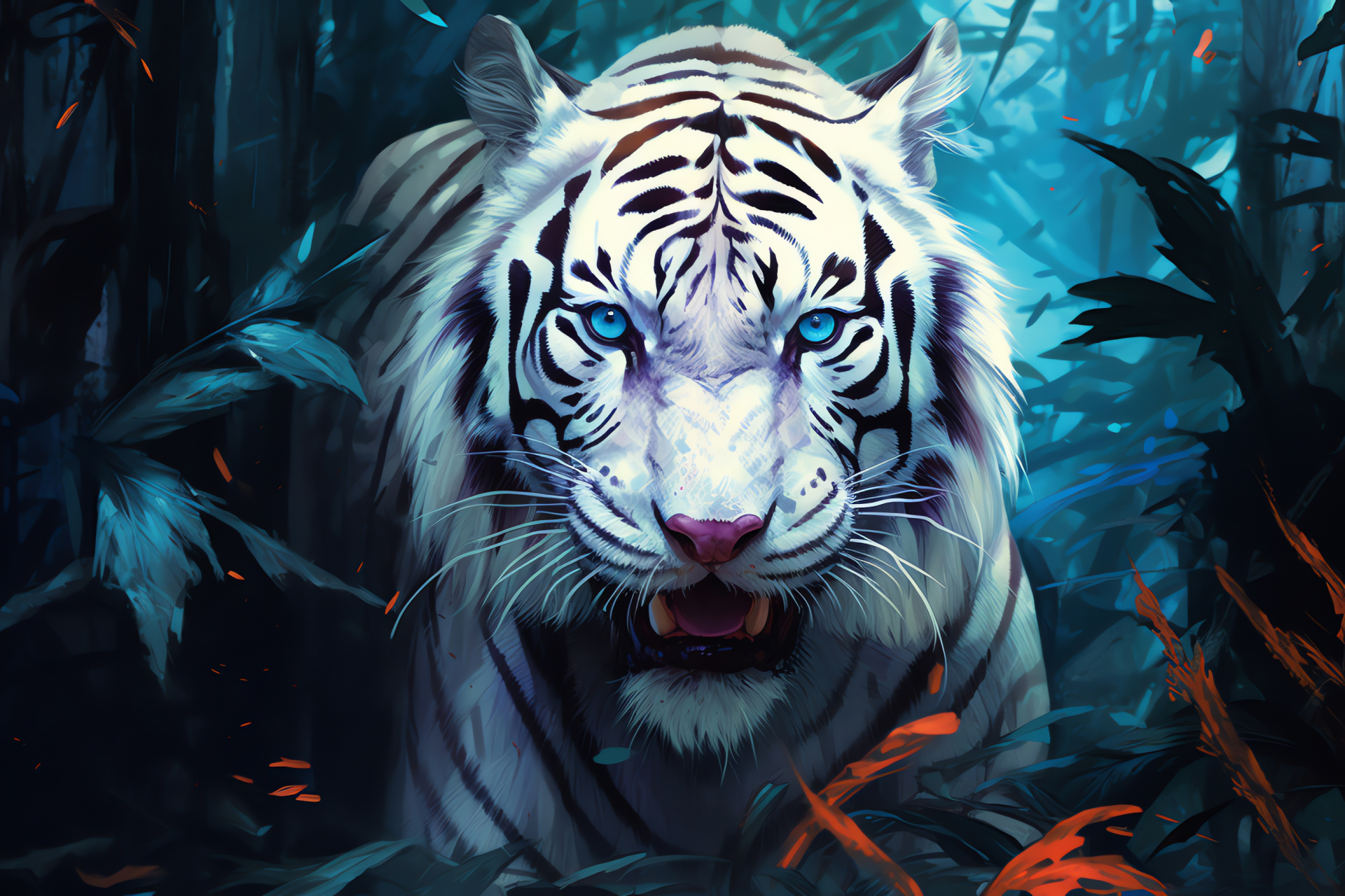 Wild jungle cat, White Bengal Tiger, Piercing gaze, Monochrome fur, Striped mystery, HD Desktop Wallpaper
