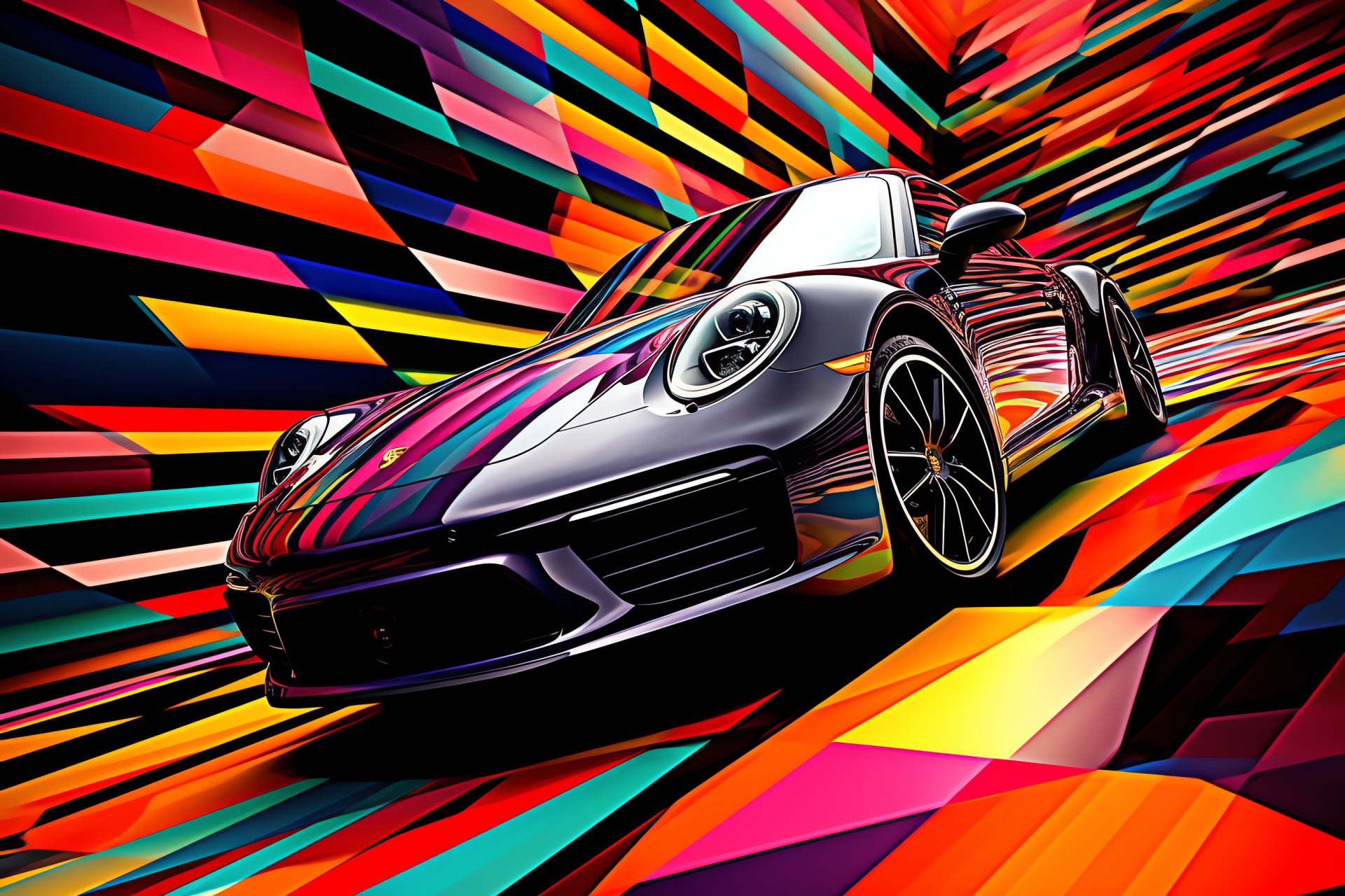 Abstract Porsche 911, Geometric pattern background, Top shot, Decorative shapes, Colorful ambience, HD Desktop Image