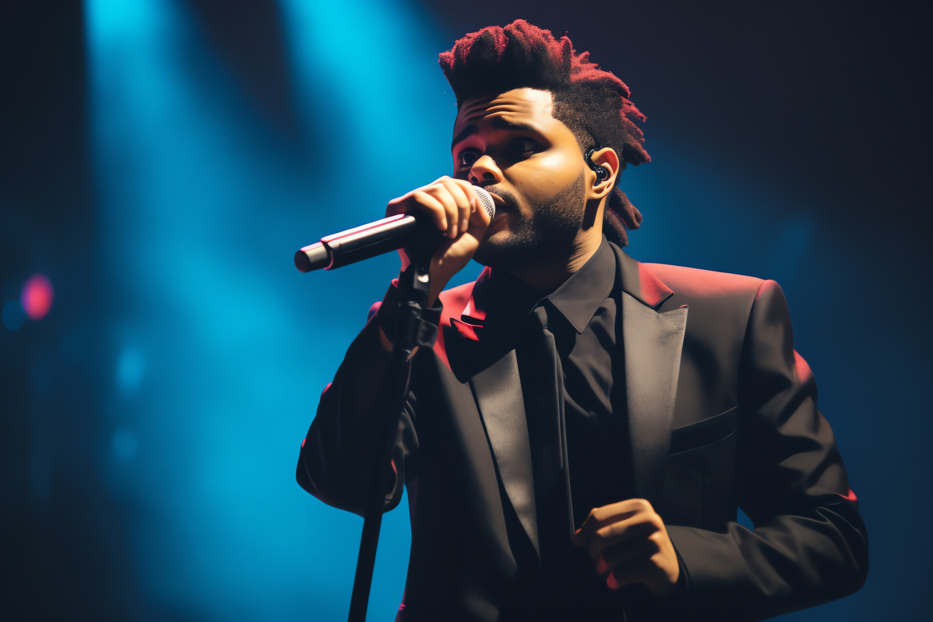 The Weeknd in After Hours, charismatic stage presence, sleek black suit, professional microphone, concert ambiance, HD Desktop Image