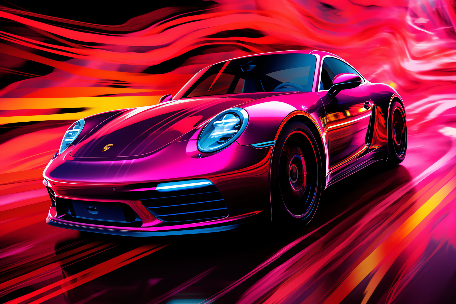Porsche 911 Carrera S, Dynamic city backdrop, Red racing auto, Automobile elegance, Atmospheric neon design, HD Desktop Image