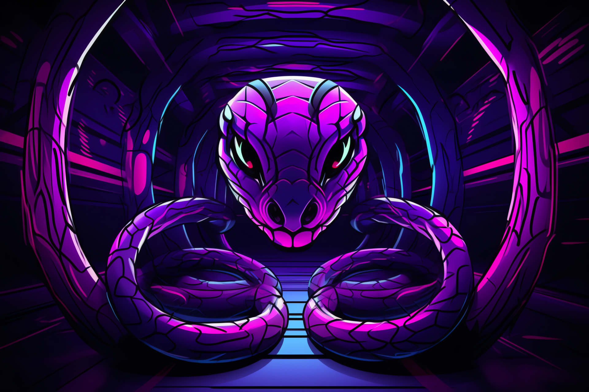 Neon Snake, luminescent reptile, purple optical organs, illuminated pink shade, subterranean passageway, HD Desktop Wallpaper