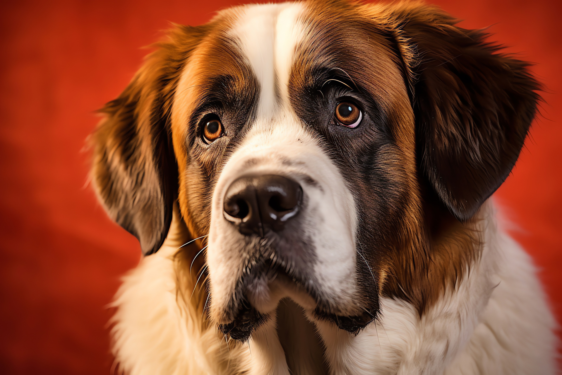 Sturdy St Bernard, Trusting canine expression, Thick fur texture, Woolen coat detail, Alpine breed portrait, HD Desktop Wallpaper