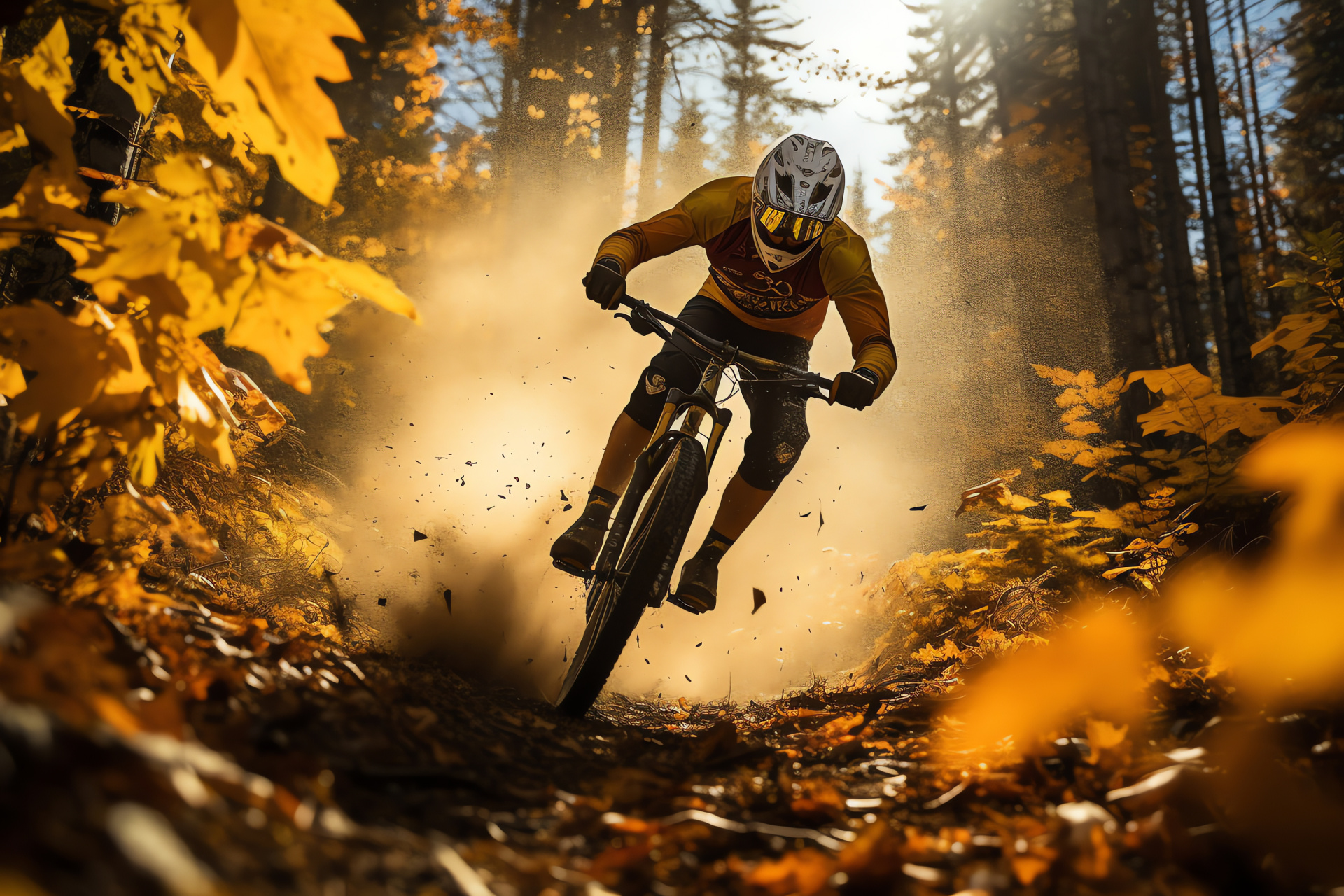 MTB British Columbia, Autumnal foliage, Evergreen scenery, Action-packed biking, Environmental harmony, HD Desktop Image