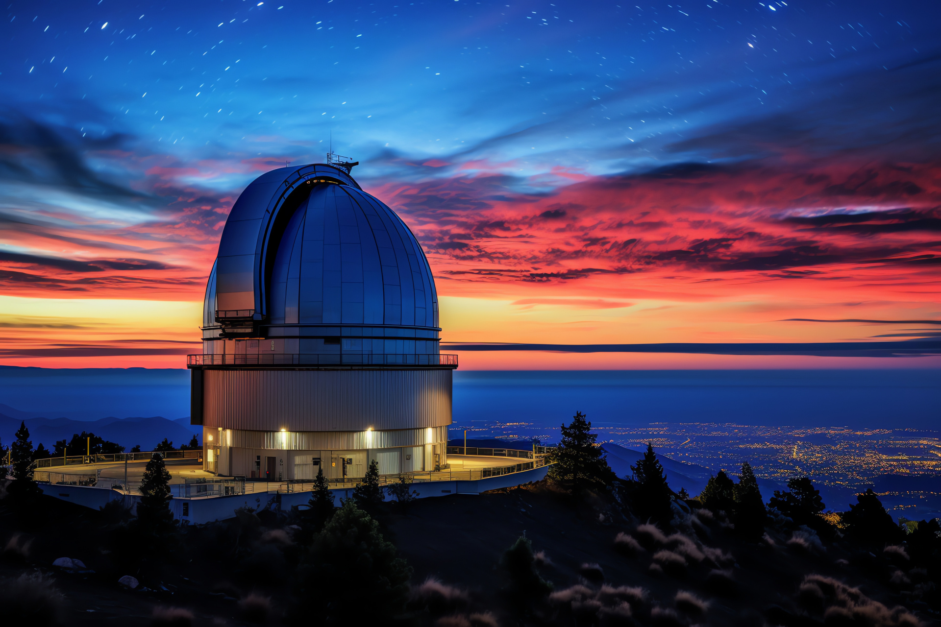 TMT Observatory, Eventide display, Auditory-visual harmony, Dusk shades, Neon luminescence, HD Desktop Image