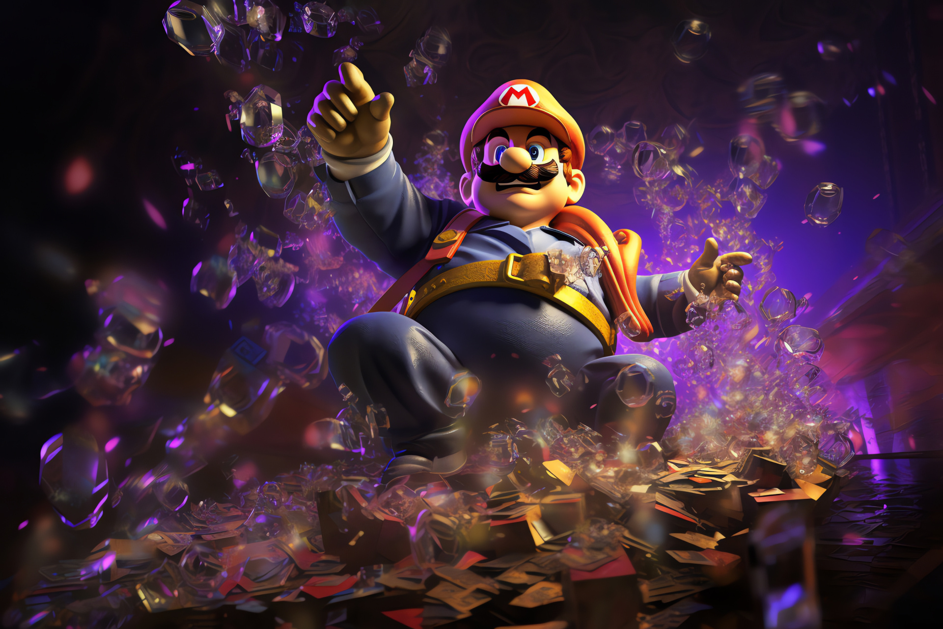 Antagonist Wario, Greed persona, Cunning smile, Thin peepers, Heaped treasure, HD Desktop Wallpaper