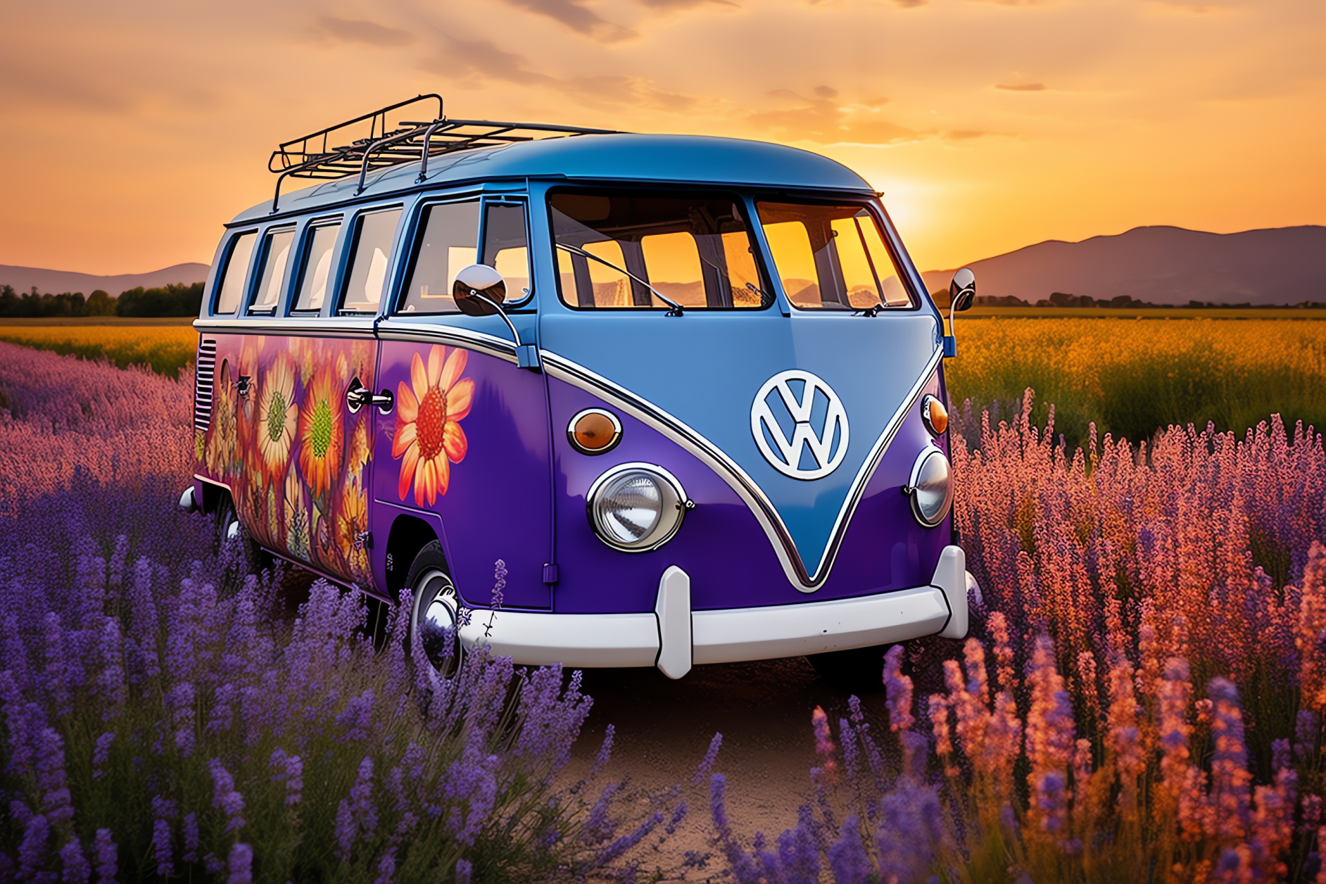 VW Bus through Provence, floral detailing, fragrance of lavender, nature's hues, boho spirit, sunlit aura, HD Desktop Wallpaper