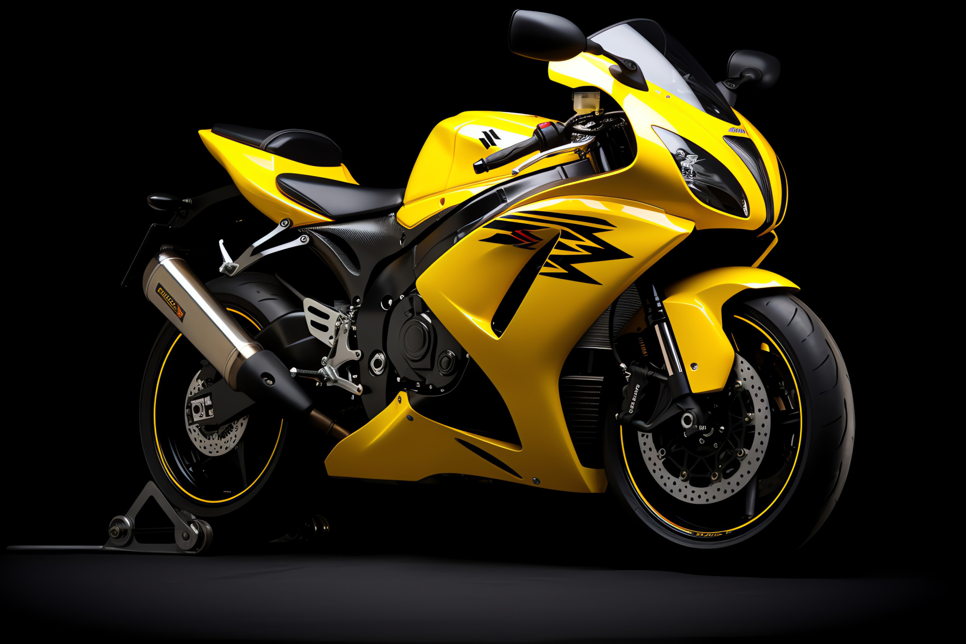 Suzuki GSXR 750 vibrant appearance, Yellow motorcycle contrast, Black backdrop distinction, Performance two-wheeler, Sports bike charisma, HD Desktop Image