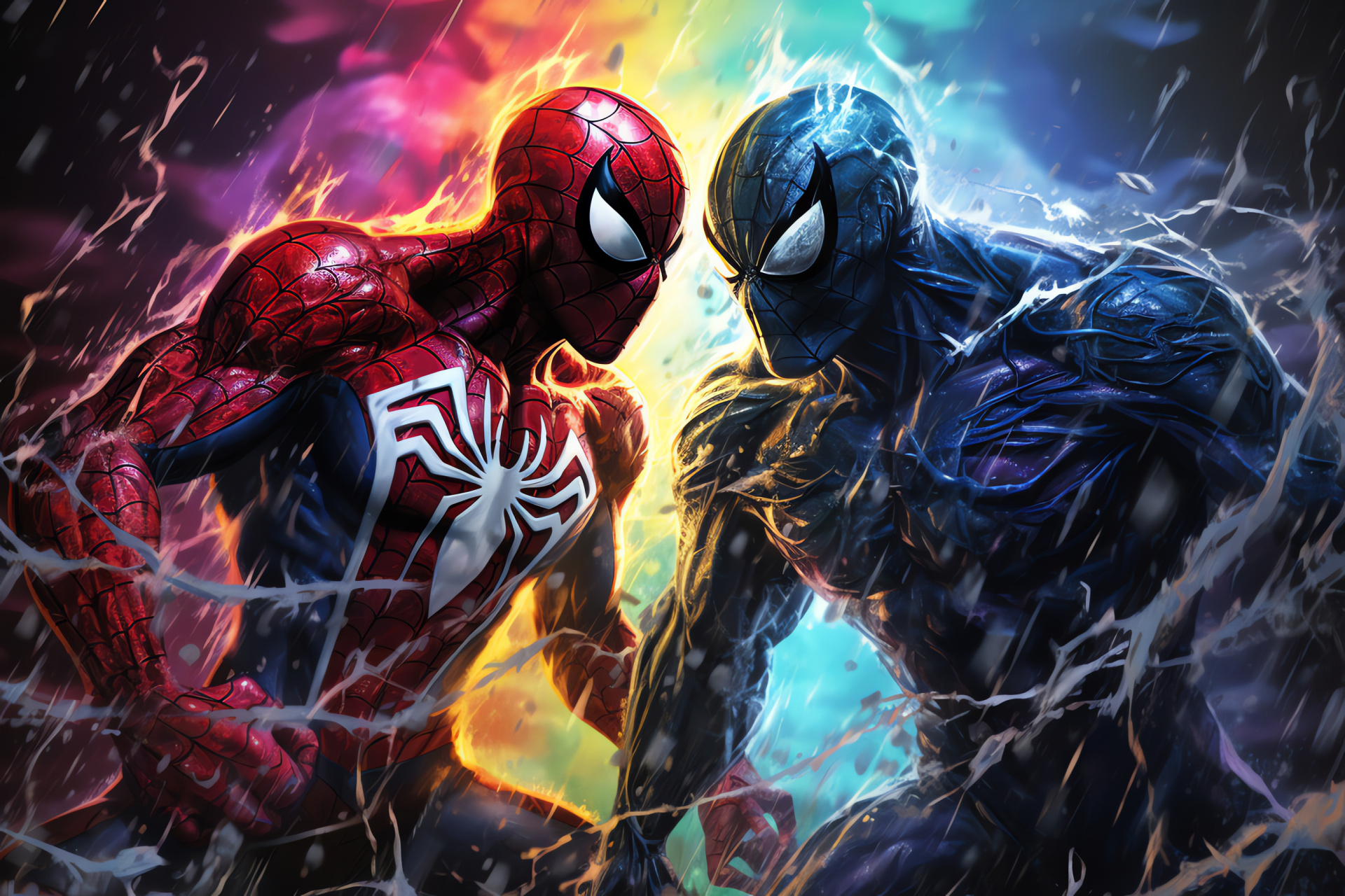 Marvel heroes Spiderman and Venom, Urban chaos, Electric storm scene, Heroic combat, Cinematic fight, HD Desktop Wallpaper