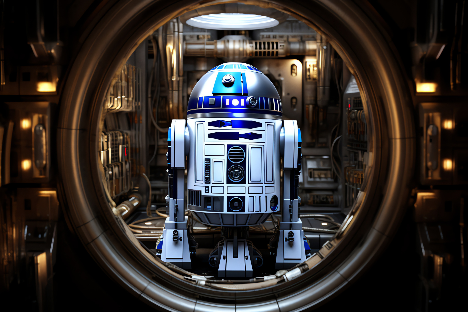 R2-D2 at Jedi Archives, Star Wars canon, Coruscant Jedi Library, Detailed close-up, Prequel reference, HD Desktop Image