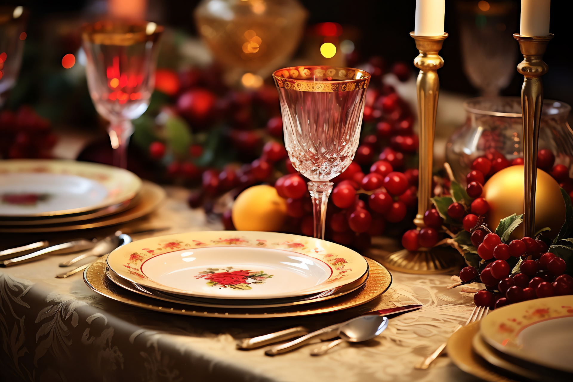 Festive banquet, family conviviality, ornamental beauty, holiday elegance, memorable celebration, HD Desktop Wallpaper