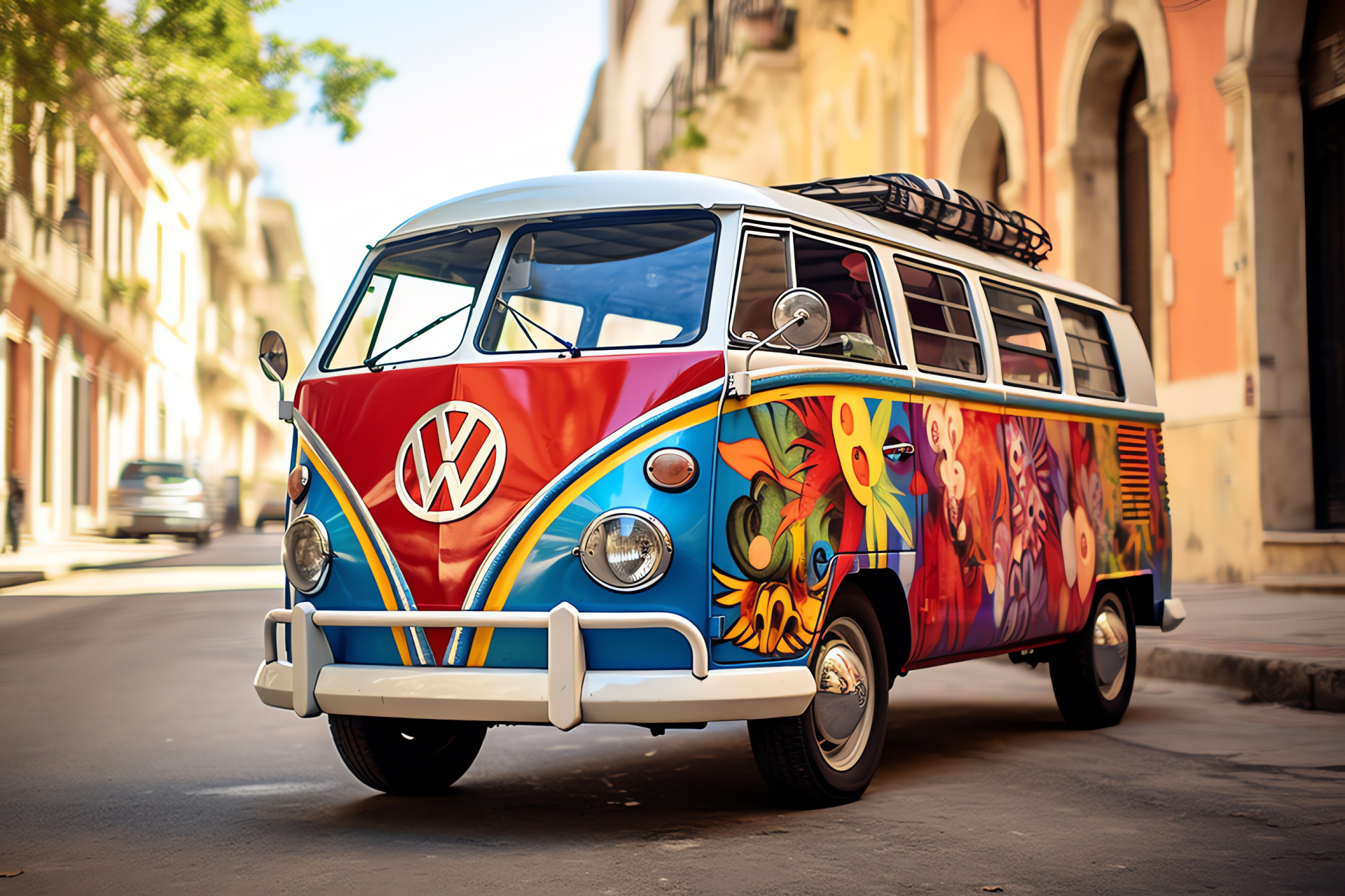 VW Bus Havana streets, Cuban flag artwork, musical influence, colonial architectural charm, classic vehicles, HD Desktop Image