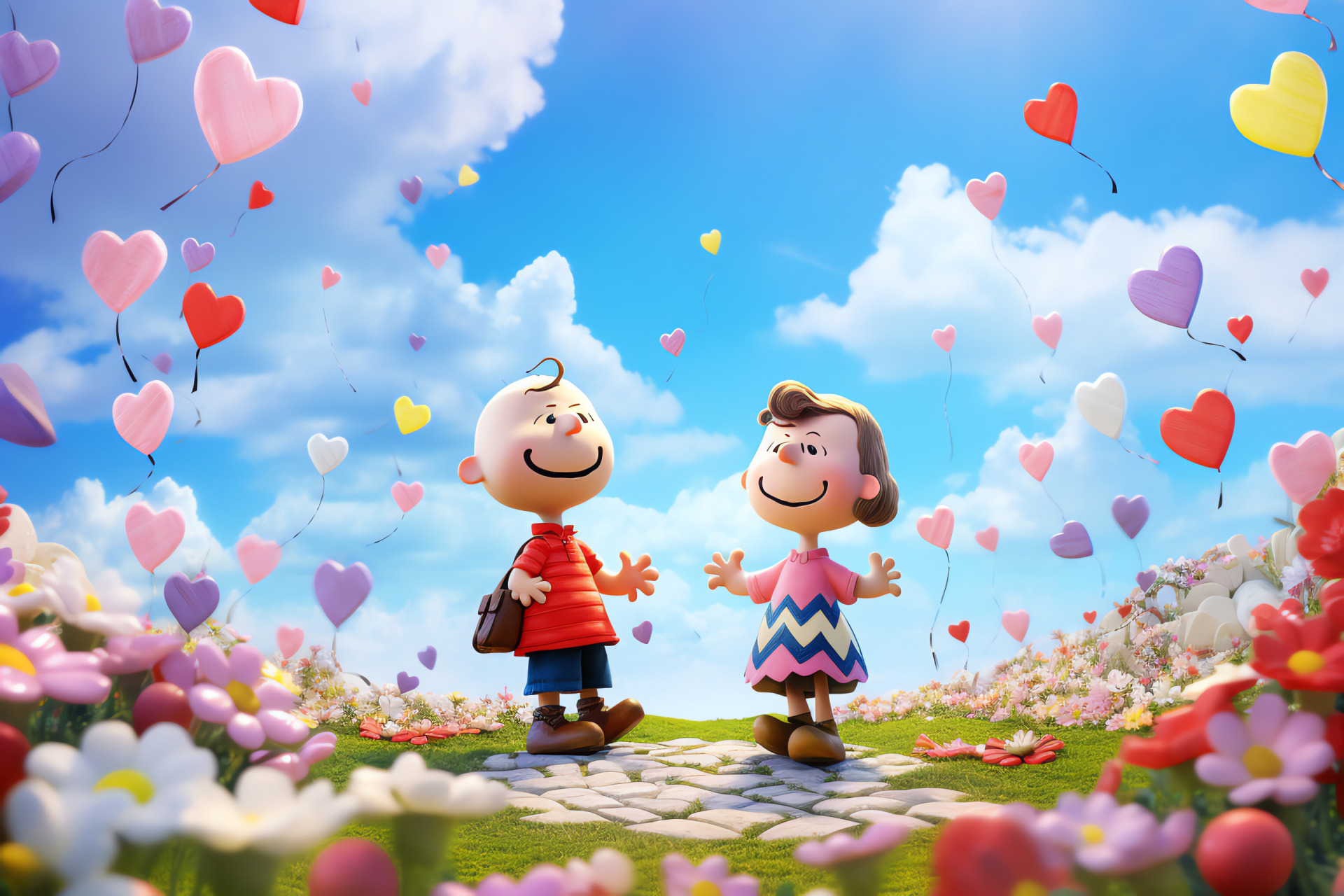 Peanuts Valentine's daydream, Romantic kite-flying with Snoopy, Blossoming spring flowers, Affectionate outdoor leisure, HD Desktop Wallpaper