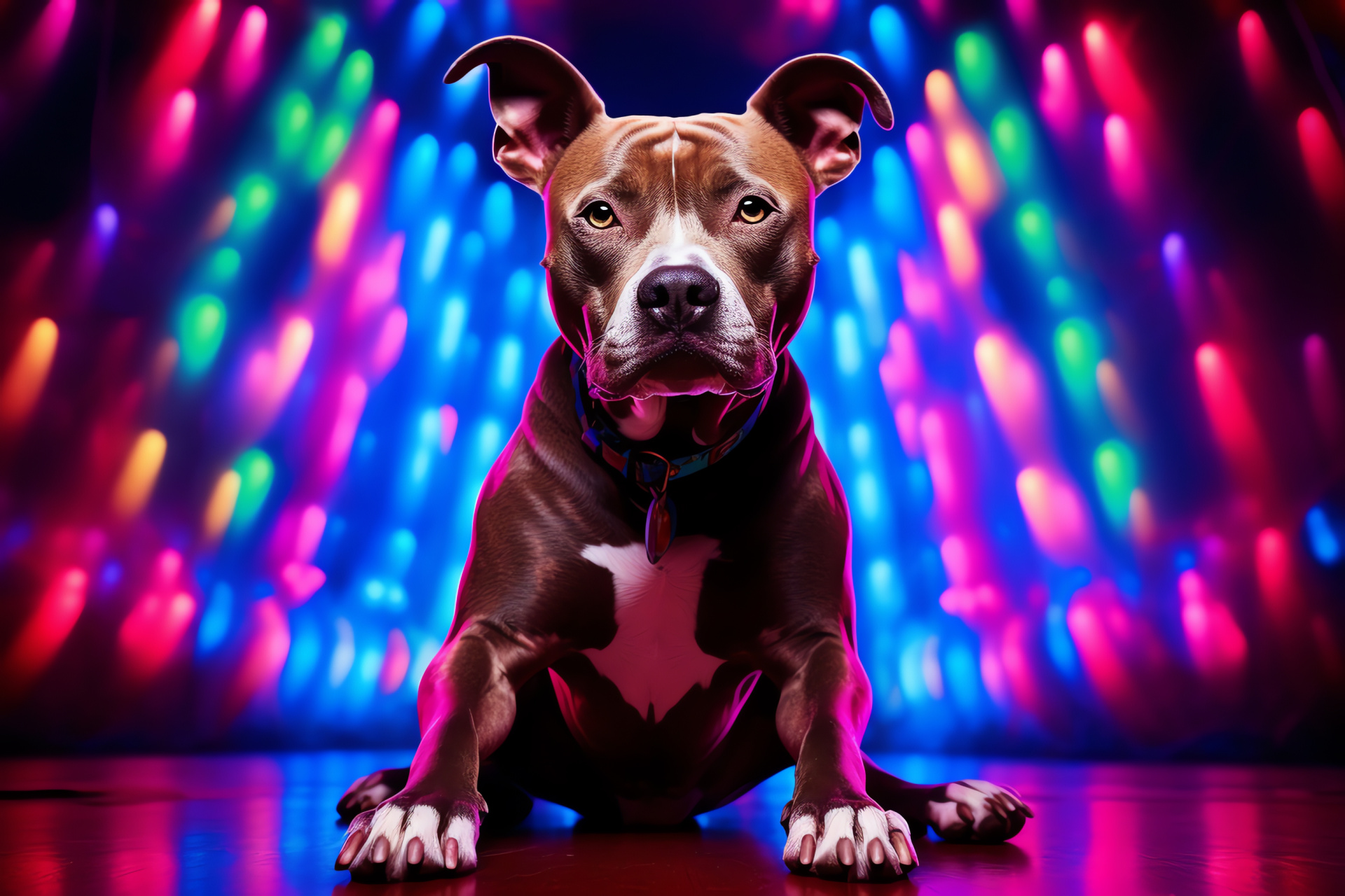 Pit Bull canine, pet blue eyes, dog full stature, neon urban lines, festive ambient glow, HD Desktop Wallpaper