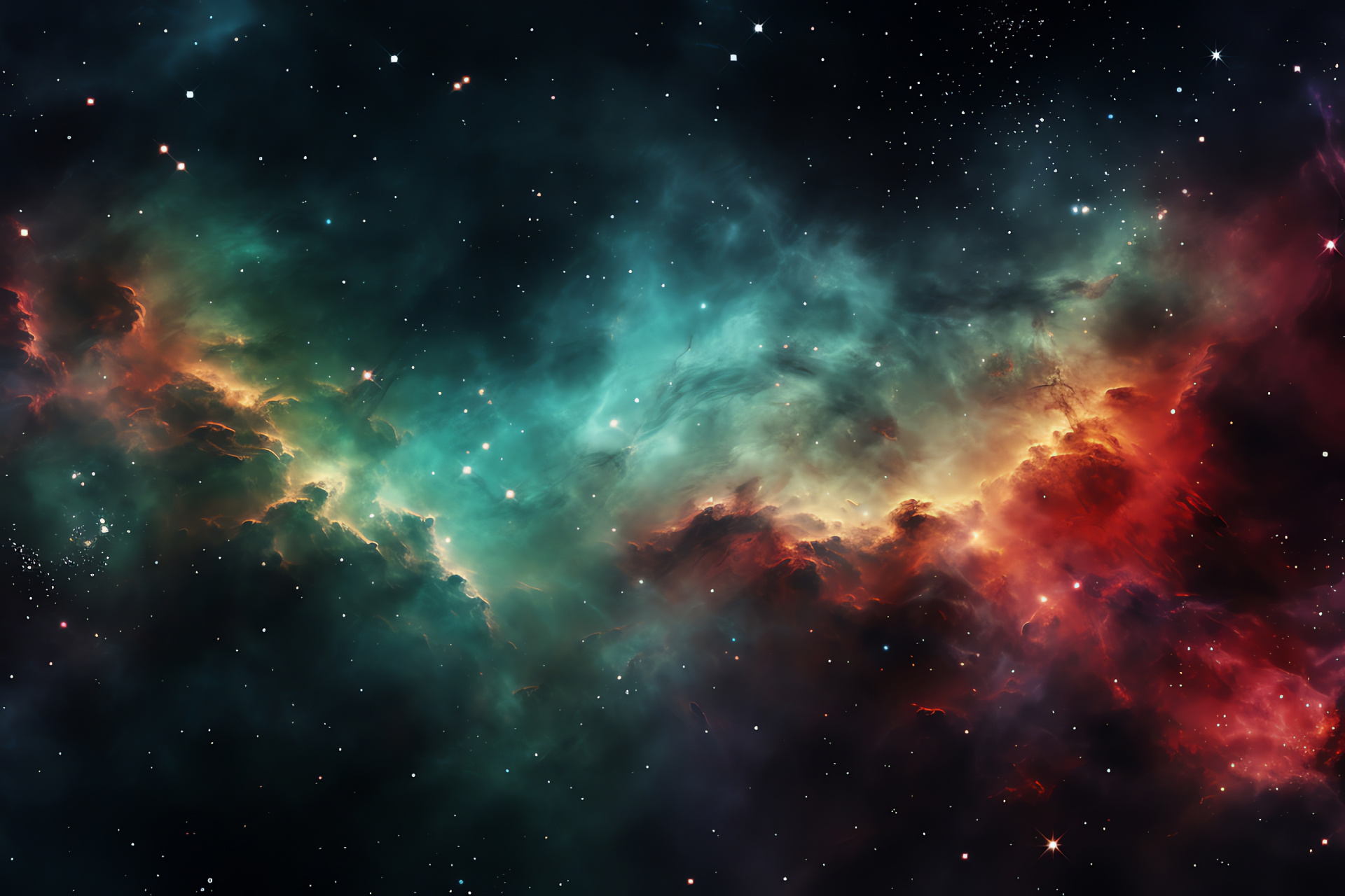 Gaseous celestial expanse, Fluorescent nebula artistry, Deep space luminescence, Crimson aura, Stellar neon spectacle, HD Desktop Wallpaper