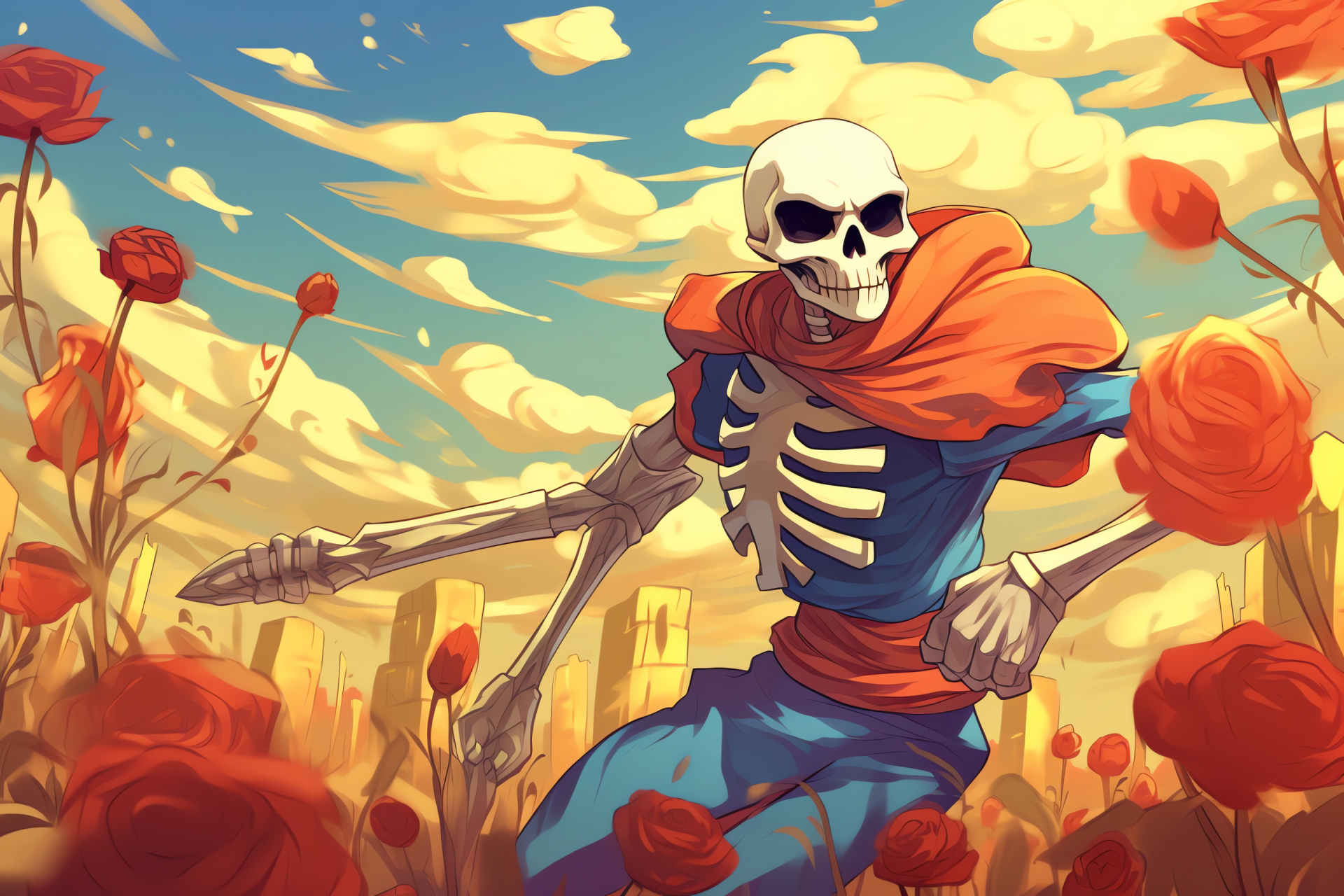 Papyrus character showcase, Undertale skeleton humor, Bold blue cape, Papyrus with bone weapon, Comedic in-game moment, HD Desktop Wallpaper