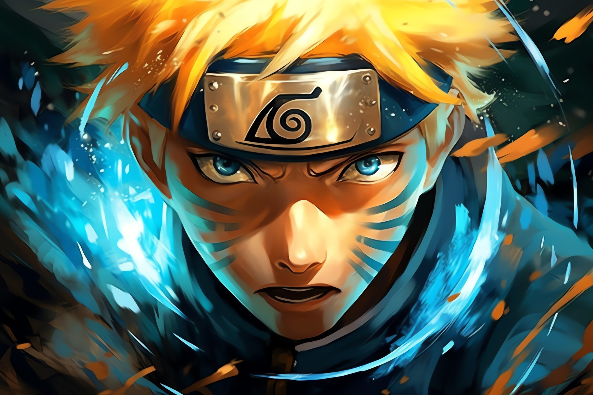 Naruto Uzumaki performing Rasengan, Martial encounter graphic, Anime energy display, Luminous cobalt aura, Uzumaki clan signature move, HD Desktop Wallpaper