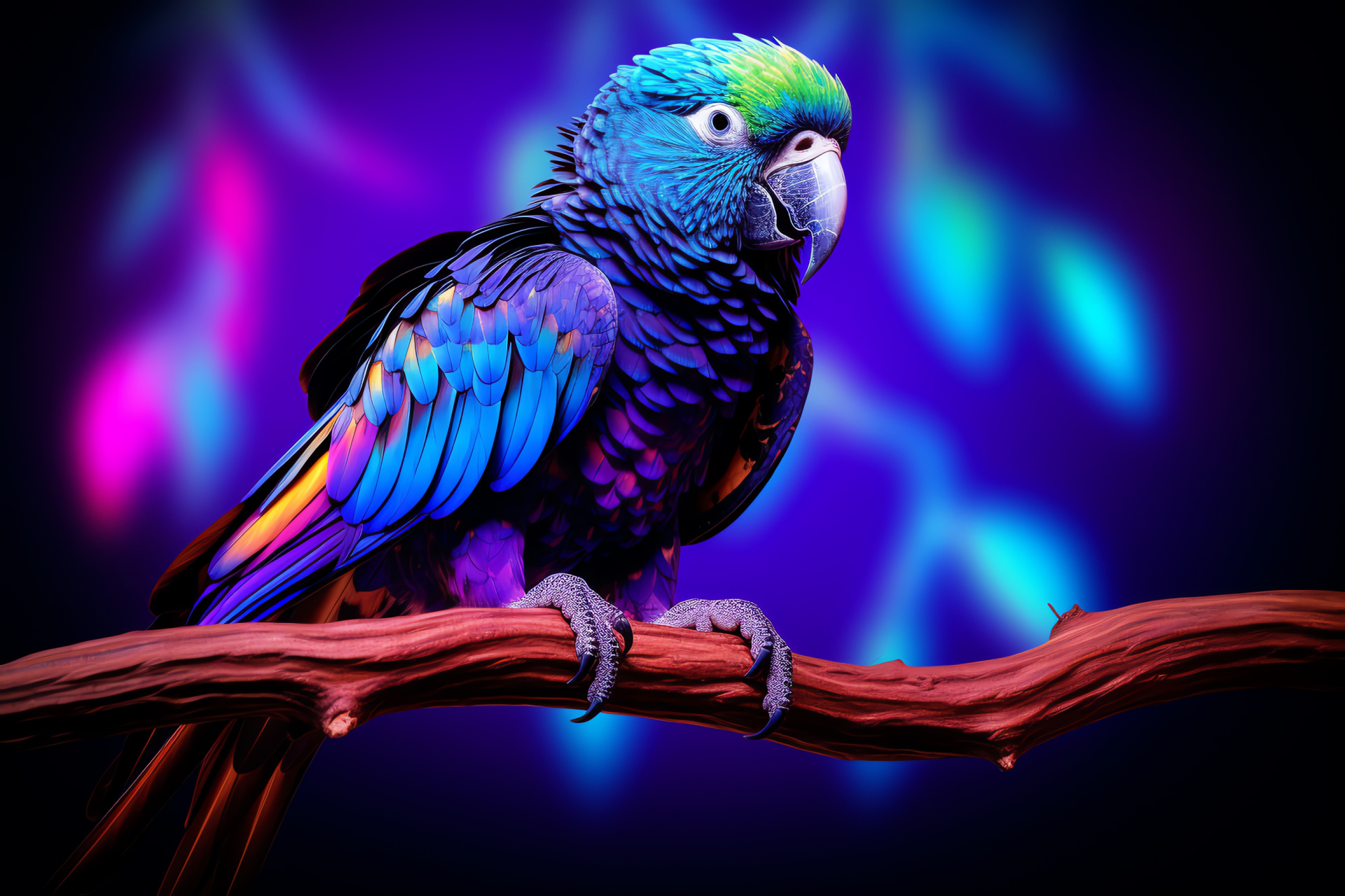 Parrot, purple plumage, tree branch, visual contrast, serene background, HD Desktop Wallpaper