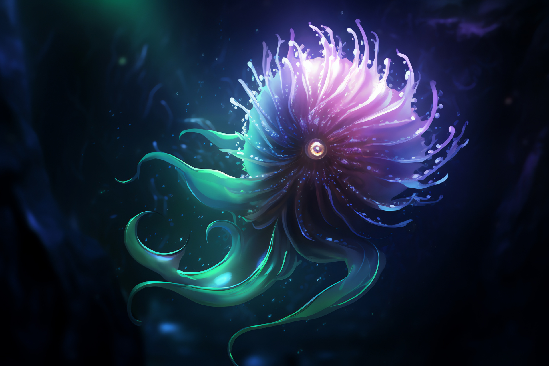 Deep-sea Nautilus, Abyssal habitat, Otherworldly shell environment, Bioluminescent oceanic life, Colorful display, HD Desktop Image