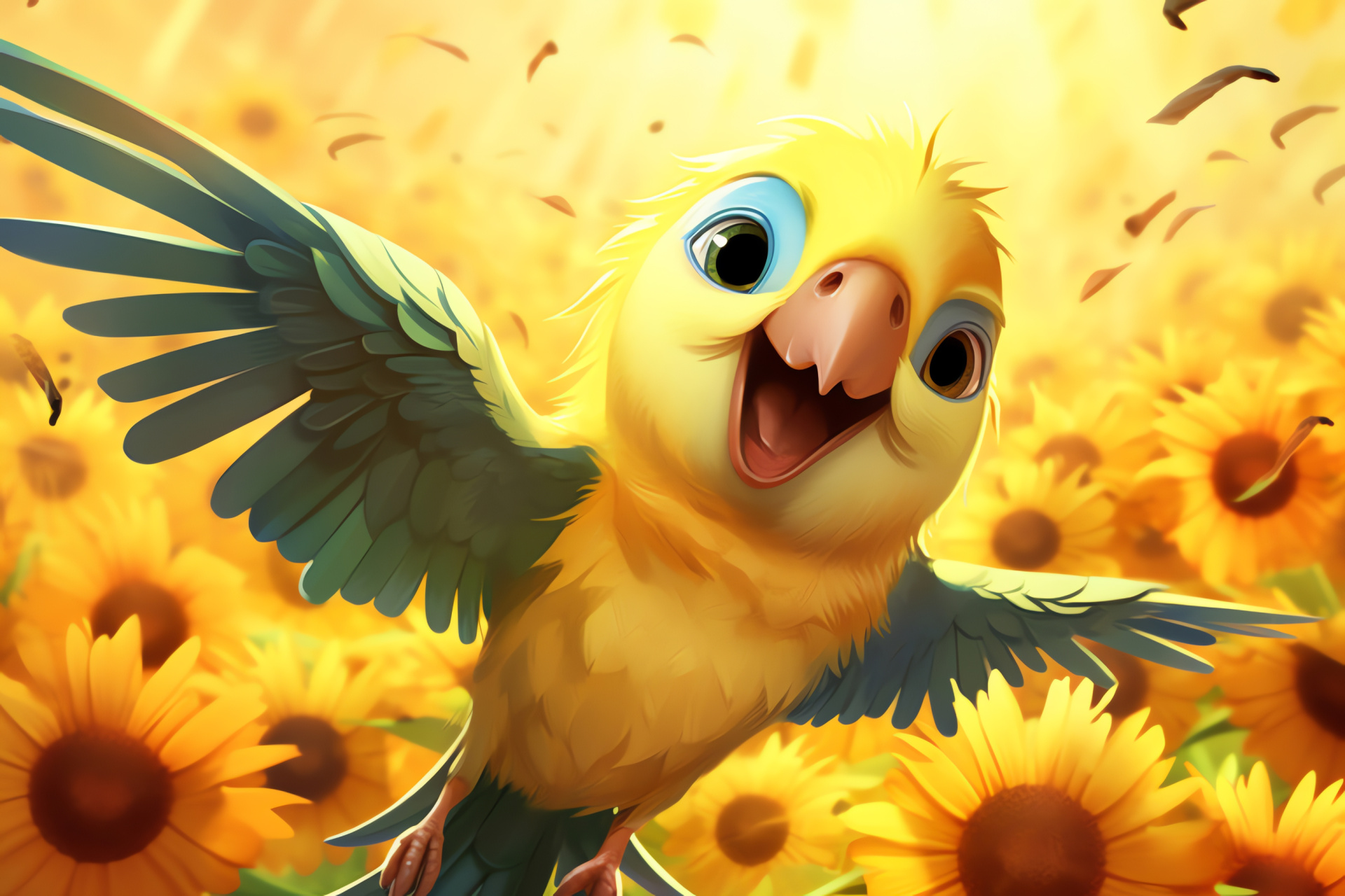 Parakeet, Euphonic bird call, Yellow feathered friend, Sunflower plant interaction, Nature scene, HD Desktop Image