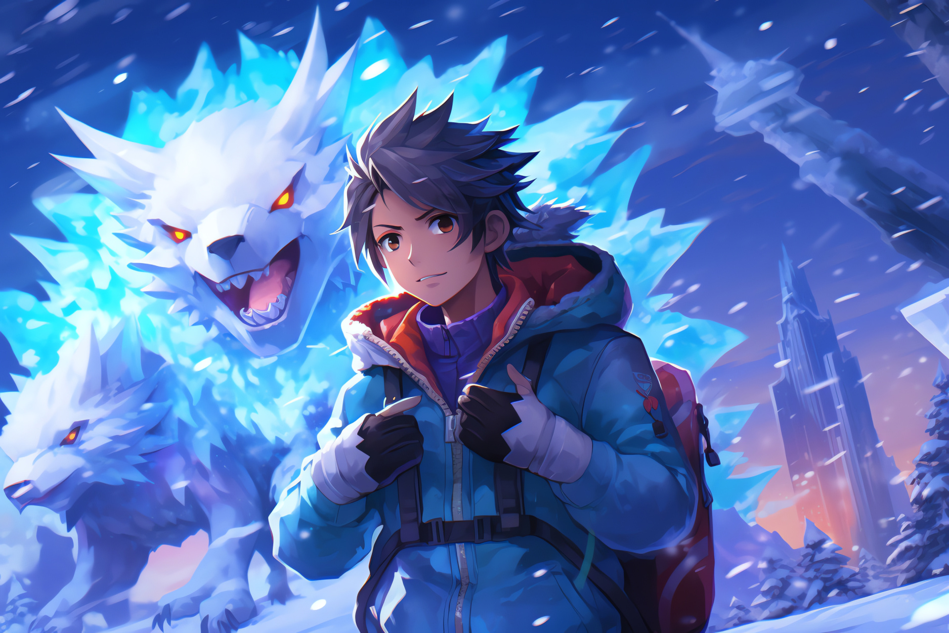 Pokemon White version, Icirrus City setting, Pokemon trainer adventure, Beartic's icy presence, Snowstorm scene, HD Desktop Wallpaper