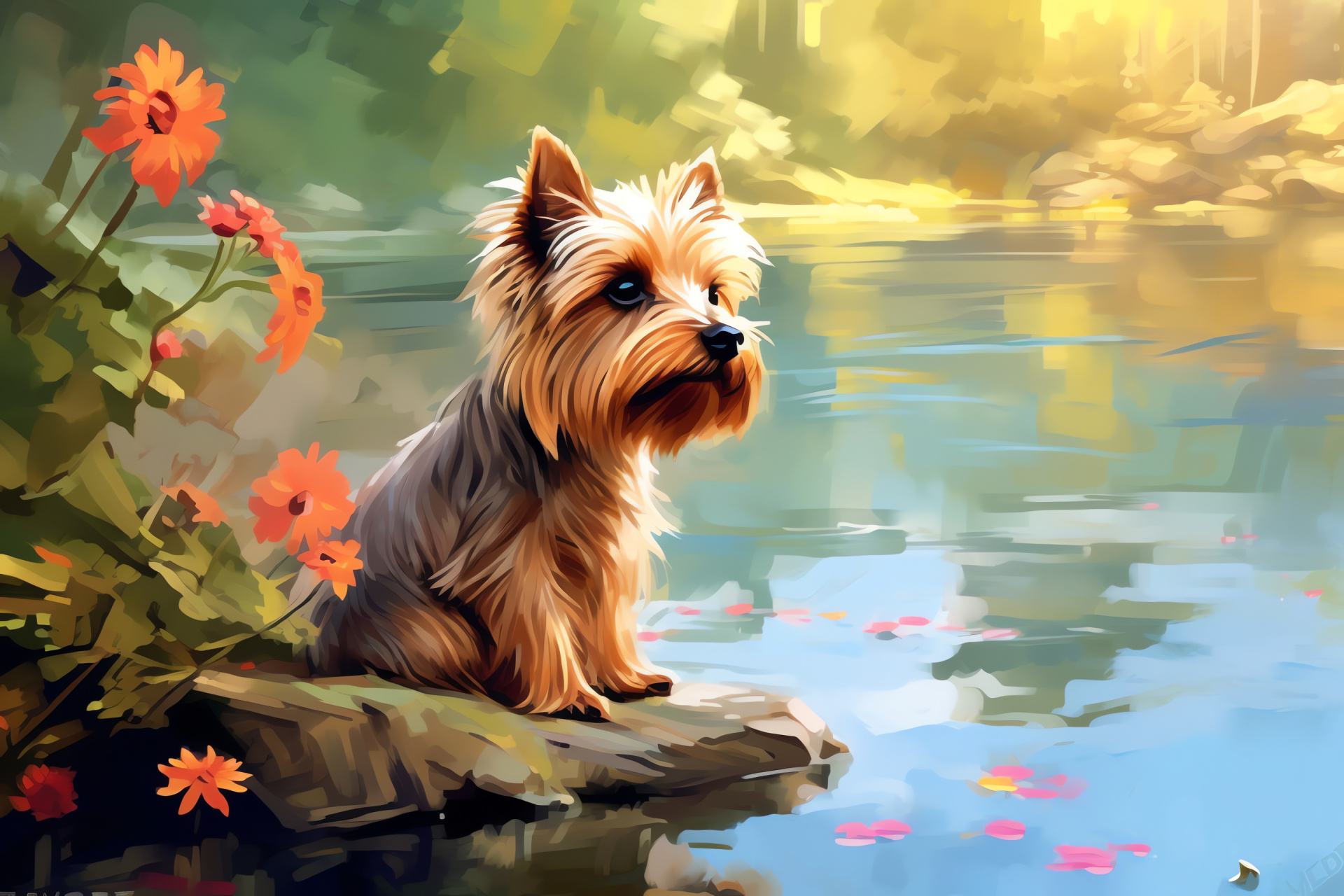 Serene Yorkshire Terrier, doe-eyed pet, velvety fur, tan shades, soothing presence, HD Desktop Image