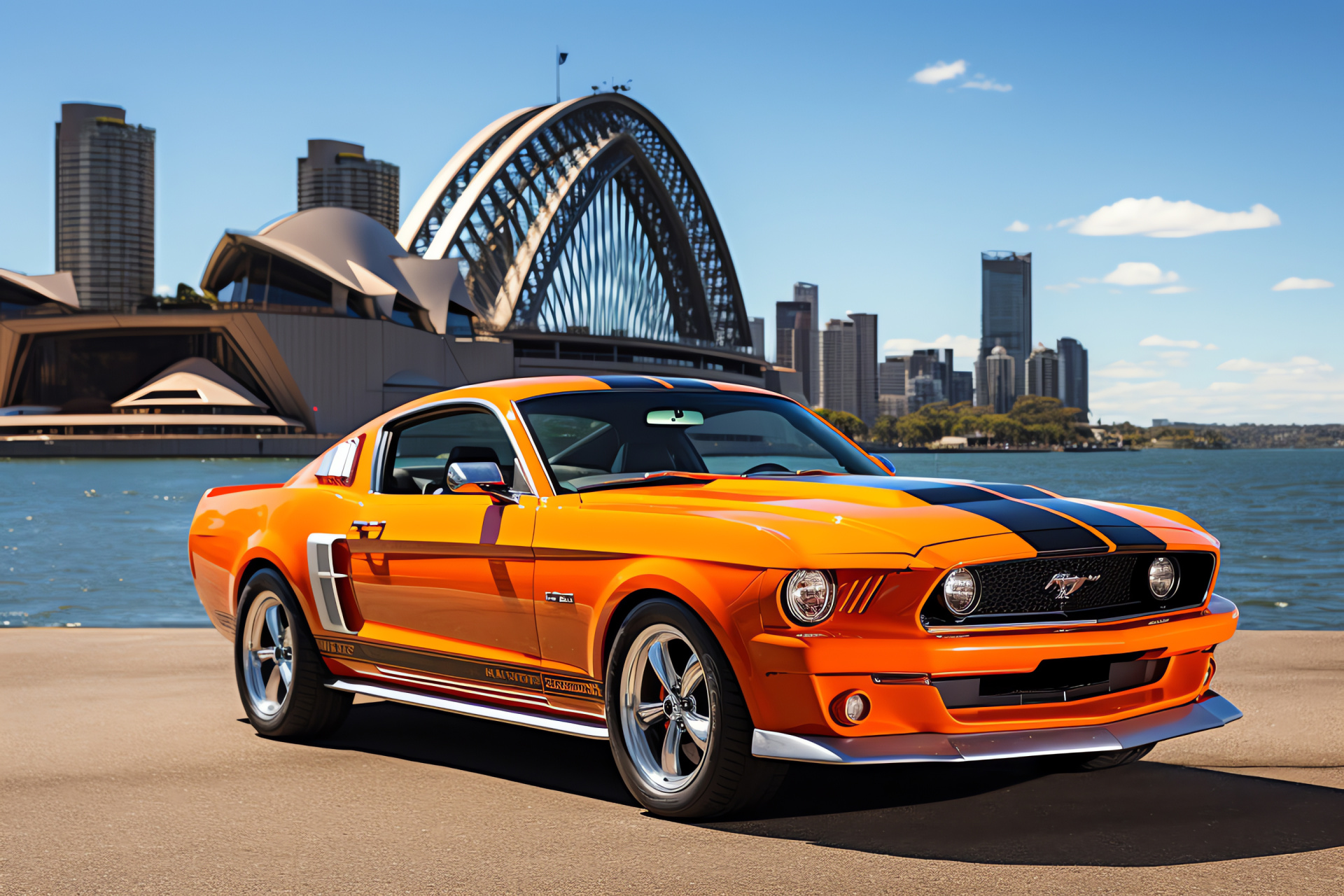 Mustang HD, Sydney landmarks, Opera House, Harbour Bridge, Metropolitan backdrop, HD Desktop Wallpaper