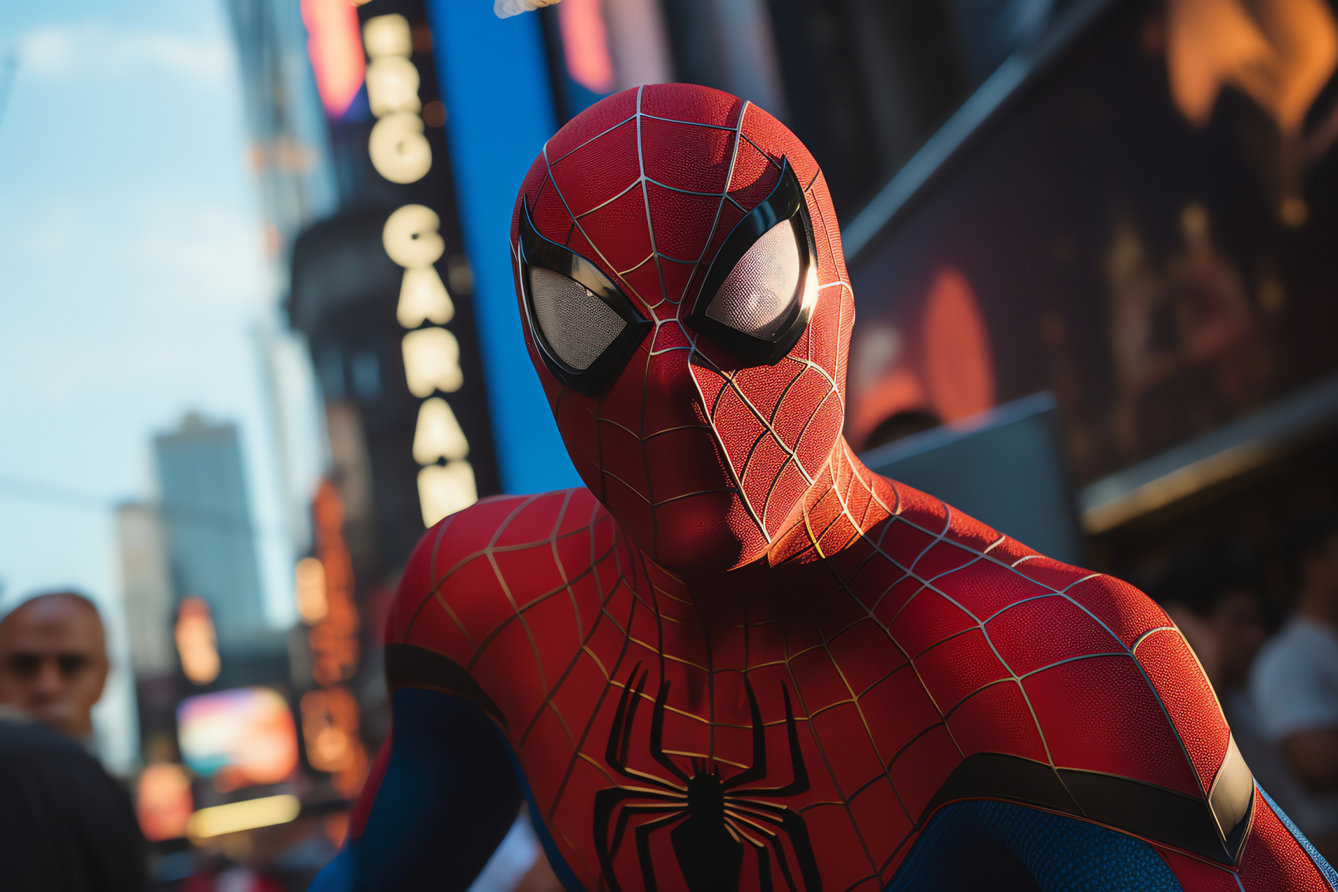 Iconic Spider-Man, Urban web-slinger, Marvel superhero, Sky-scraper backdrop, Superhuman agility, HD Desktop Image