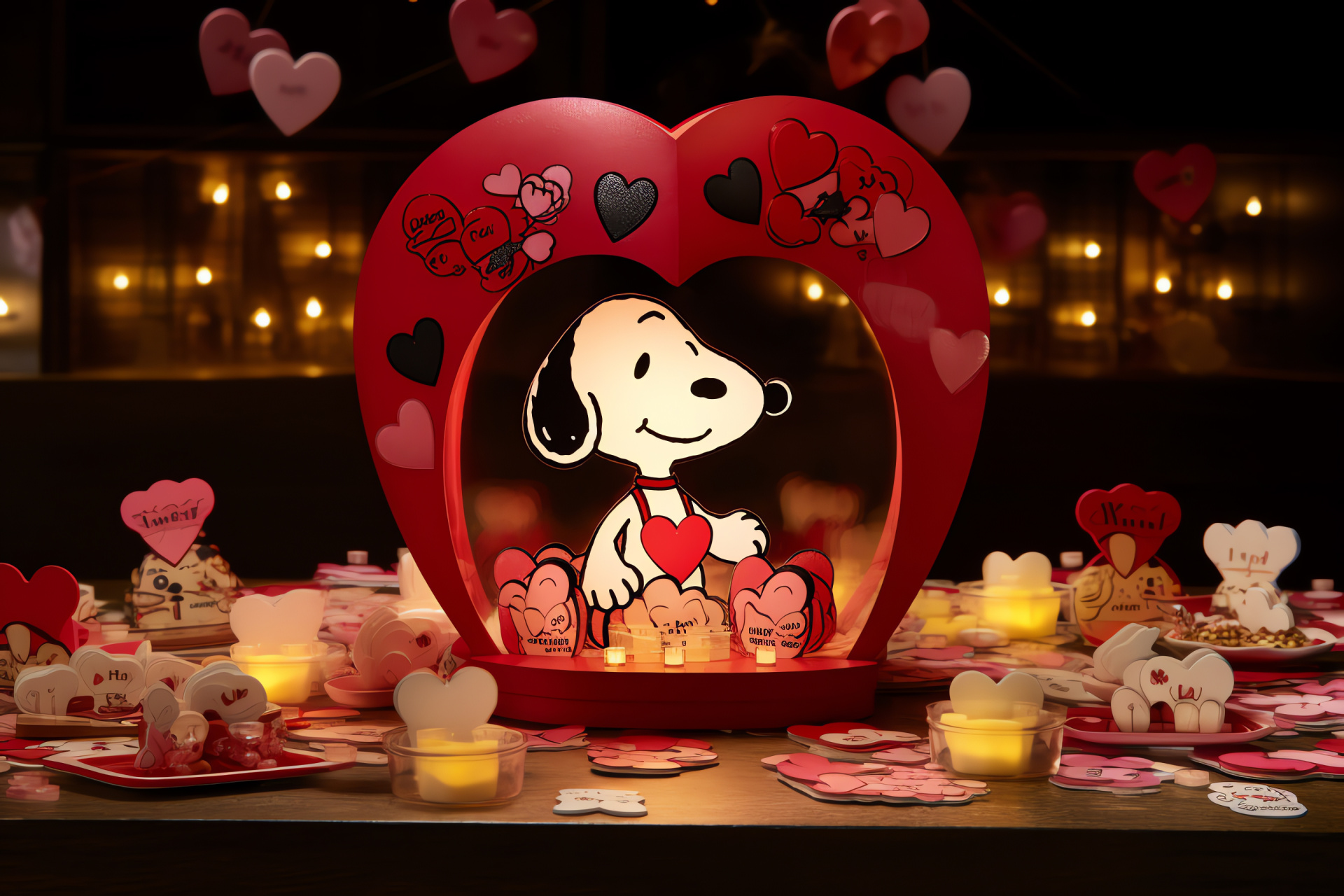 Amorous cartoon scene, canine abode, craft-based decor, love-themed dinnerware, festive mugs, HD Desktop Wallpaper
