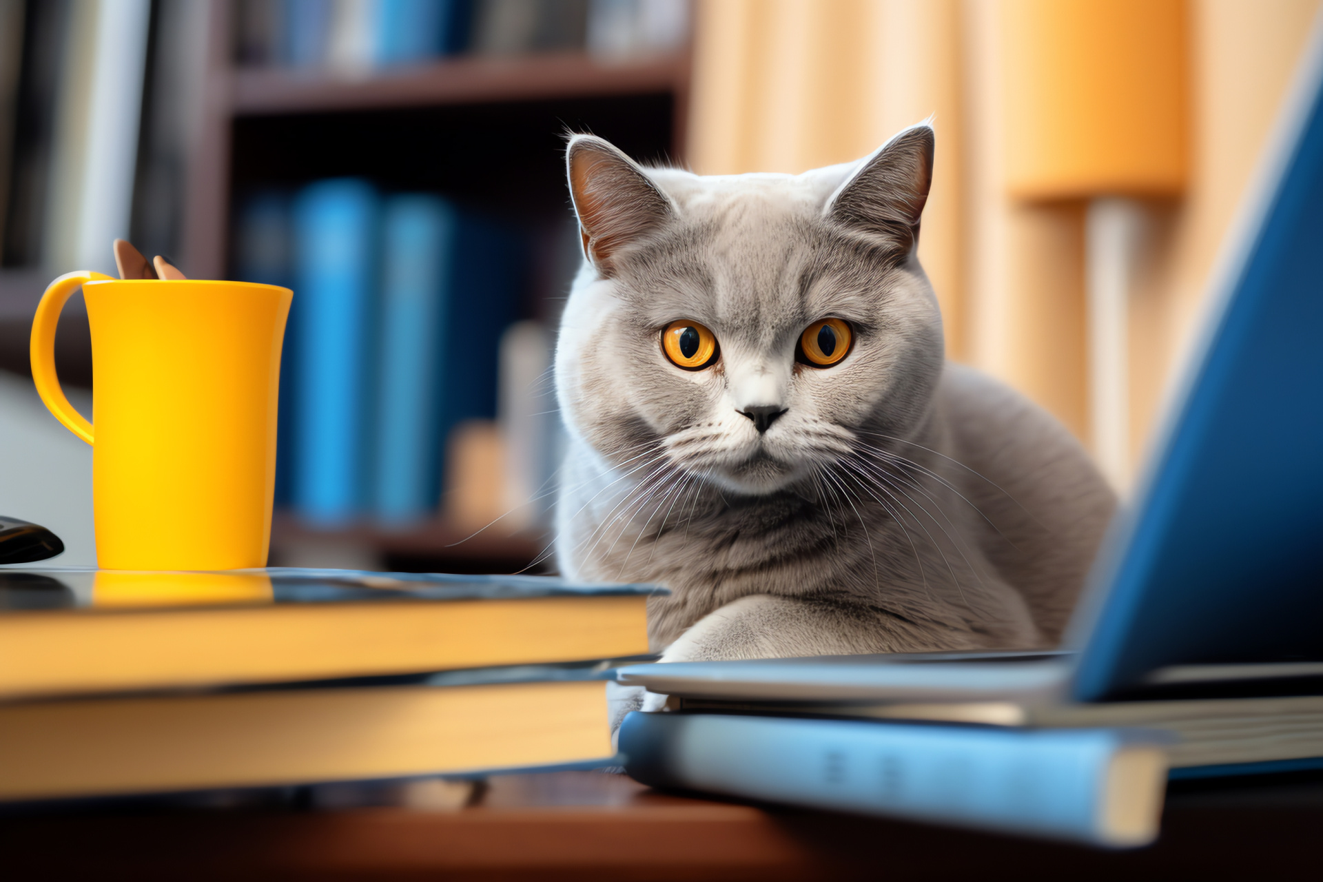 British Shorthair breed, feline with golden gaze, plush blue furry texture, comfortable home workspace, HD Desktop Image