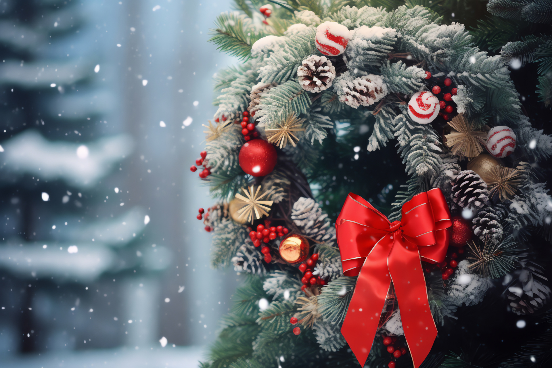Holiday wreath, festive evergreen, Christmas decoration, adorned pinecones, holiday ribbon, HD Desktop Image