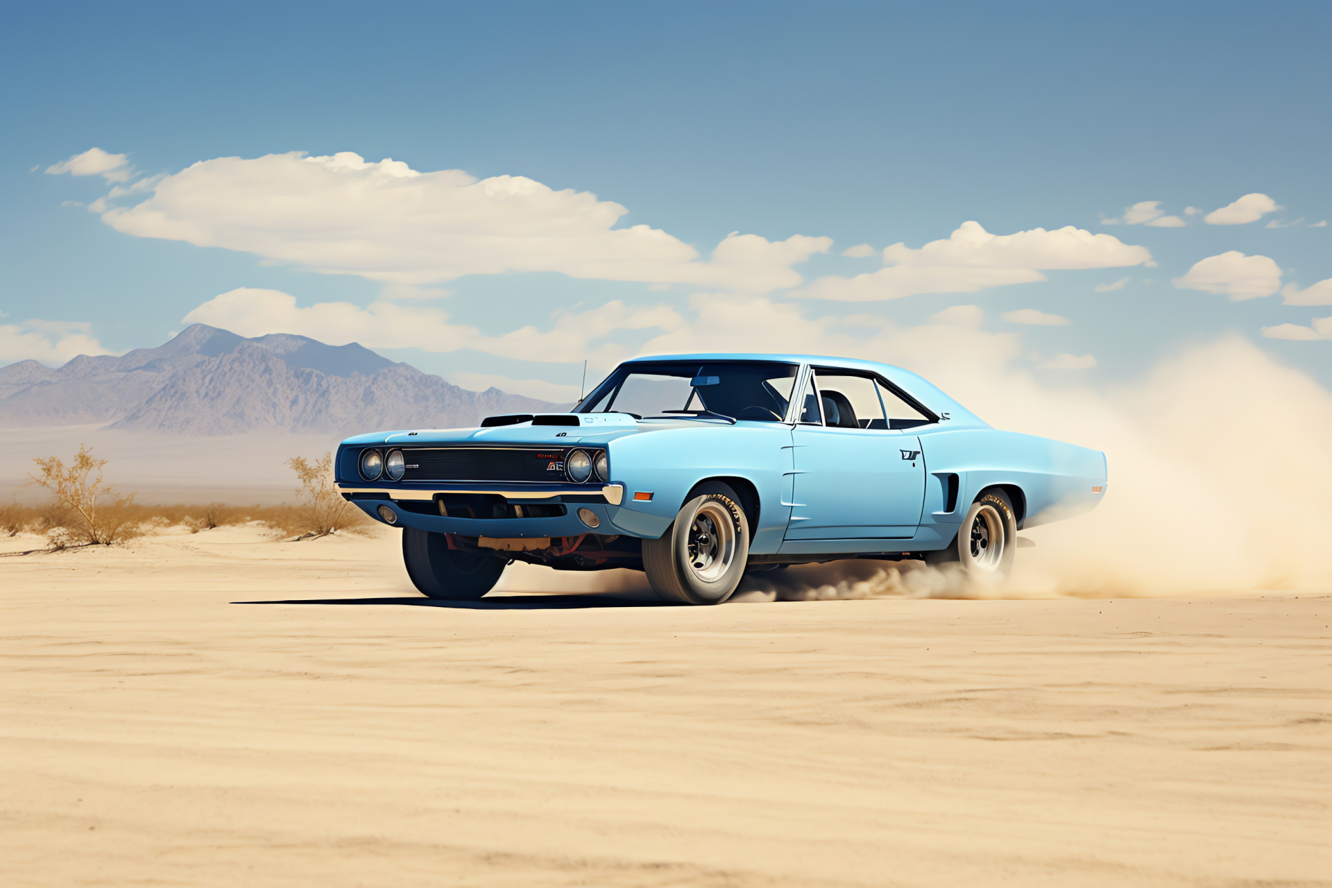 Muscle car dominance, Plymouth Road Runner, Arid escape path, Billowing dust trail, Horizon expanse portrayal, HD Desktop Image